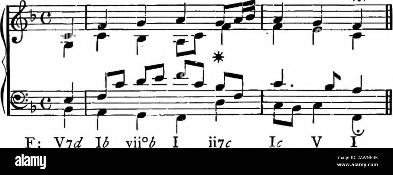 Harmonie, théorie et pratique . E: Vji: U iy* Ic(Vii^) Ici l'accord se résout sur la deuxième inversion du tonique.Dans ce qui suit, Mendelssohn, St. Paul. Ex. 340. IV iijd(Vil&lt;/) il se résout sur la position racine du tonique, comme dans Ex. 338 (&lt;:).415. Les deuxième et troisième inversions de l'ii7 (les dérivés Vii^ et Vii/) sont beaucoup moins communes que l'ii7^. Comme les thénotes ont les mêmes progressions que dans les positions déjà déscripté, il ne sera nécessaire de les cataloguer ici, et de toguer quelques exemples de leur emploi. Comme dans d'autres positions, leur traitement est le même dans Major Banque D'Images