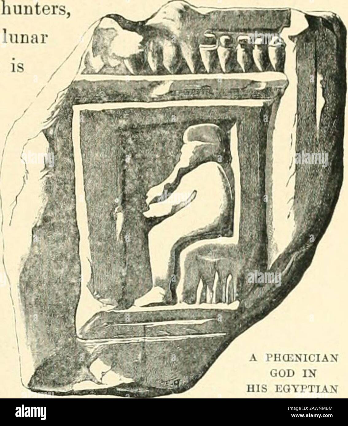 La lutte des nations - Egypte, Syrie et Assyrie . RASHCF SUR SON HLOS. ÉLÉMENTS ÉGYPTIENS DANS PHCENICIAN ABCHITECTURE. 57;. HCENICIAN 3 EgyPTIANSHHINE, l'autre, après le modèle des chasseurs pharaoniques, Amenothes I. et Thiitmose III Le disque lunaire flottant au-dessus de sa tête lui prête, il est / vrai, un personnage de Phcenicien, mais le soleil ailé d'Heliopolis planant au-dessus du disque ne laisse aucun doute quant à ses antécédents égyptiens. Le culte, aussi, offert à ces dieux métamorphisés a été autant modifié que les déités elles-mêmes ; les autels ont assumé quelque chose de la forme égyptienne, et le Banque D'Images