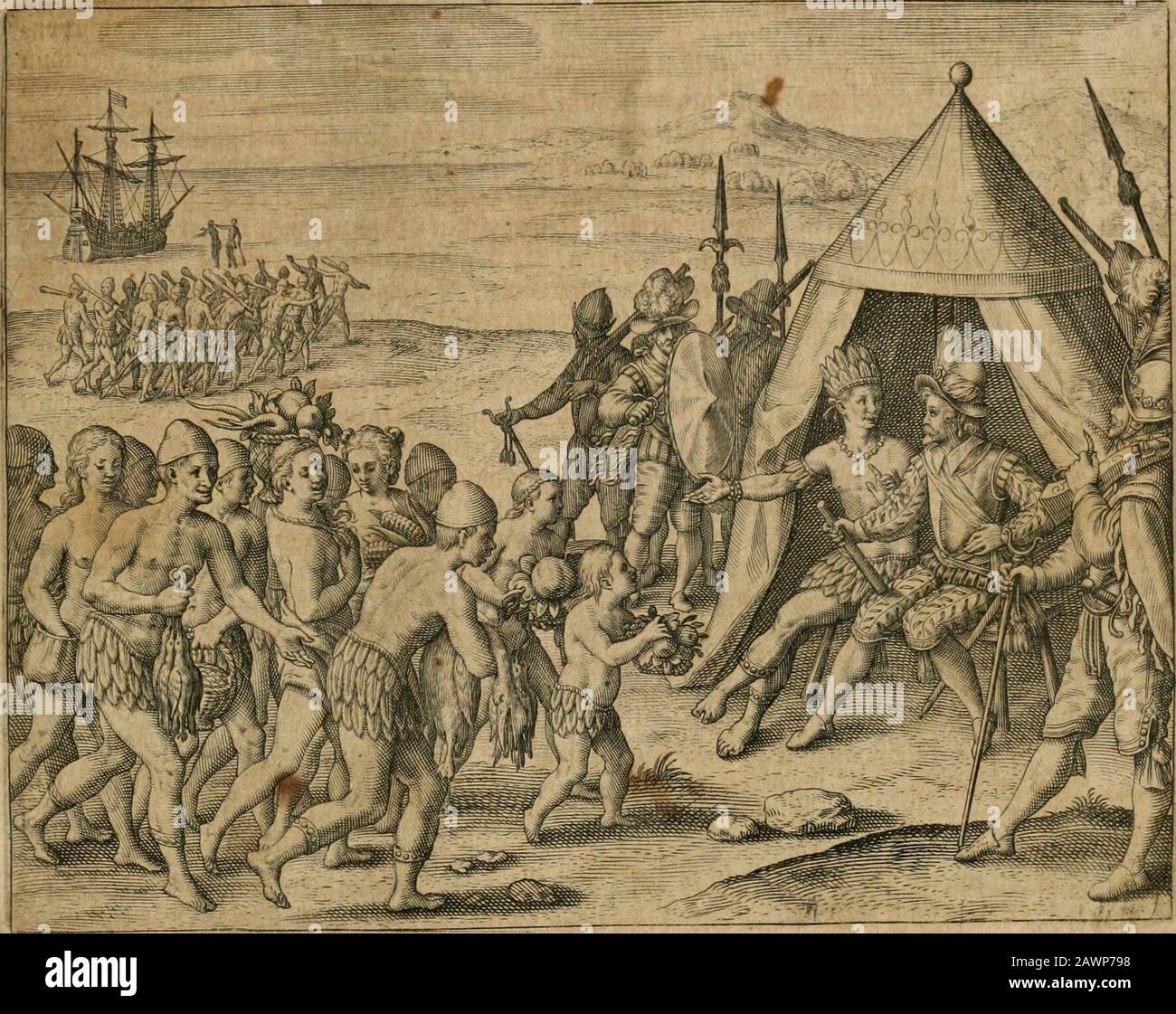 Amérique, das ist, Erfindung vnd Offenbahrung der Newen Welt : Deroselbigen Völcker, Gestalt, Sitten, Gebräuch, Policey vnd Gottesdienst . f araen fie in Die ianDtfc^afff Zromaia i VId (anDeten an Der ^efflet*3«Ä« tcneinaj>^^d Olresiden Ndfäuf^ndfäuc^nden ^e^andern 3^age»)ou Cö?ittag/rompuj famcrvonfonerQiBobnungiuJufj/giengaue^DenfelbigenirattJiDeriUJfjauß/ttJarmzS.iX-ngliff^MT SD?«^/ »nDerbeic a alt^rst. (SR brachte Die »migenDevödlffer mit wcl^eibmtvnDÄinD Banque D'Images