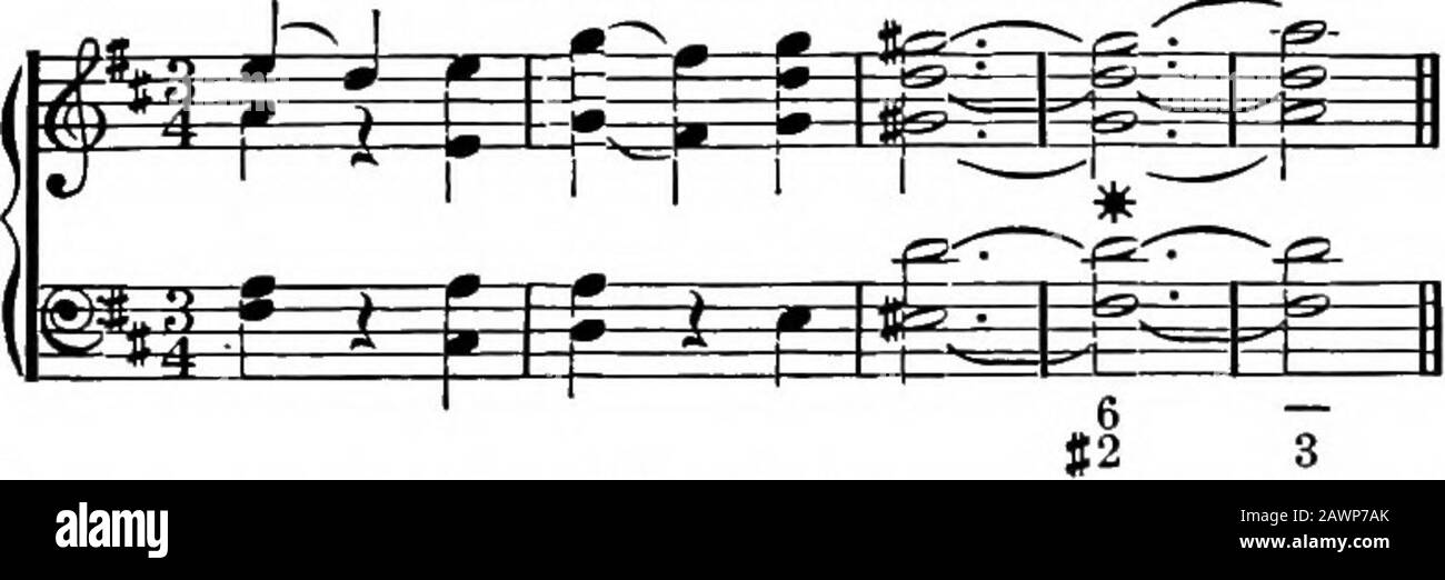 Harmonie, théorie et pratique . Beethoven. Quartette, Op. N° 3.. Ez, 287. Dans ces deux exemples, le cinquième de l'accord tonique a le fourthsuspendu dessus; en Ex. 286 la suspension est une tonalité, et Inex. 287 un sémitone sous la note d'harmonie. 364. Deux ou plusieurs notes d'un accord peuvent être suspendues en même temps, ou un accord entier peut être suspendu sur le fol-lawing One. Si deux notes sont suspendues, c'est ce qu'on appelle suspension double ; si trois ou plus sont suspendues, on appelle habituellement la suspension d'un accord complet. Mendelssohn. Saint-PaiU. Ez. 288, Banque D'Images