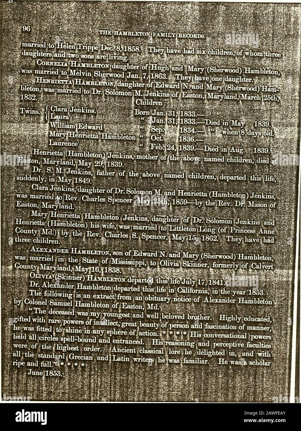 Record des familles Man, Needles (Nedels) et Hambleton...1495-1876 . je... Ilev^ffop^n^ |TheyYhed,had : ; .: NVE.cliildren.^ iMary[(Hambiet6n)Hemsleyfmoud en janvier;!8G6! •: 4&gt;;;? 1^. %^gl£ Cliiia^:v# ;„ r. -;&gt;: .-O^- ; , rift .^Alexander &gt;- i?^Ja mesfParrott §s| ^:&gt;;^Elizabeth , § -^|8 ep.|l7,fl854.^: J V James Kiio^HAMBtETOx; (sonfoffsarid Sarmblercpar Elizabeth ? PHR; rott) HIS.wasjm^i^[I&gt;ec^lyi87;?irif Baltimore^ à•Annieadnes, fille ^ £||! V^la,dernière^Anrie^Elizabethlbbrn March^^l874Jm(^livmg:f ,5 i ::• Impossible ? parsoyez^ ici* exprimant |mon Banque D'Images