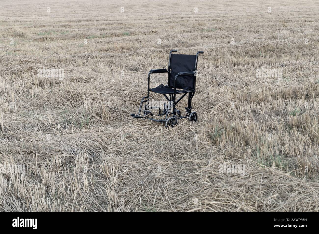 Fauteuil roulant vide dans un grand pré. Chariot pour personnes handicapées dans la nature. Équipement médical pour personne non valide Banque D'Images