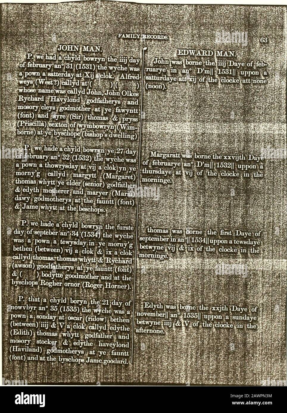 Record des familles de Man, Needles (Nedels) et Hambleton...1495-1876 . : (out) r6flibysSwfll ye.(cette rvalley) ton [chel-} r darnias|day|in0eycreysmast(Ciinstmas); weeksiniyeiyerejof/o lord god 1542.: -:+t; i !lasteclayof Septtebyran°47 (1547)yt Waipponown; ? BNE| Amy; Ryffe | tay^ (en retard);ye,^ne,o%JbW Ryffe de [Bland^ ford /ye.; dowthen (fille) j de thomasi hary.ofiLahsbord.j, i , /: M (uppbri|childermas:p)ayeun|tlie |tmas | iderm-^|------------------------------------------------------------------------------------------ Banque D'Images