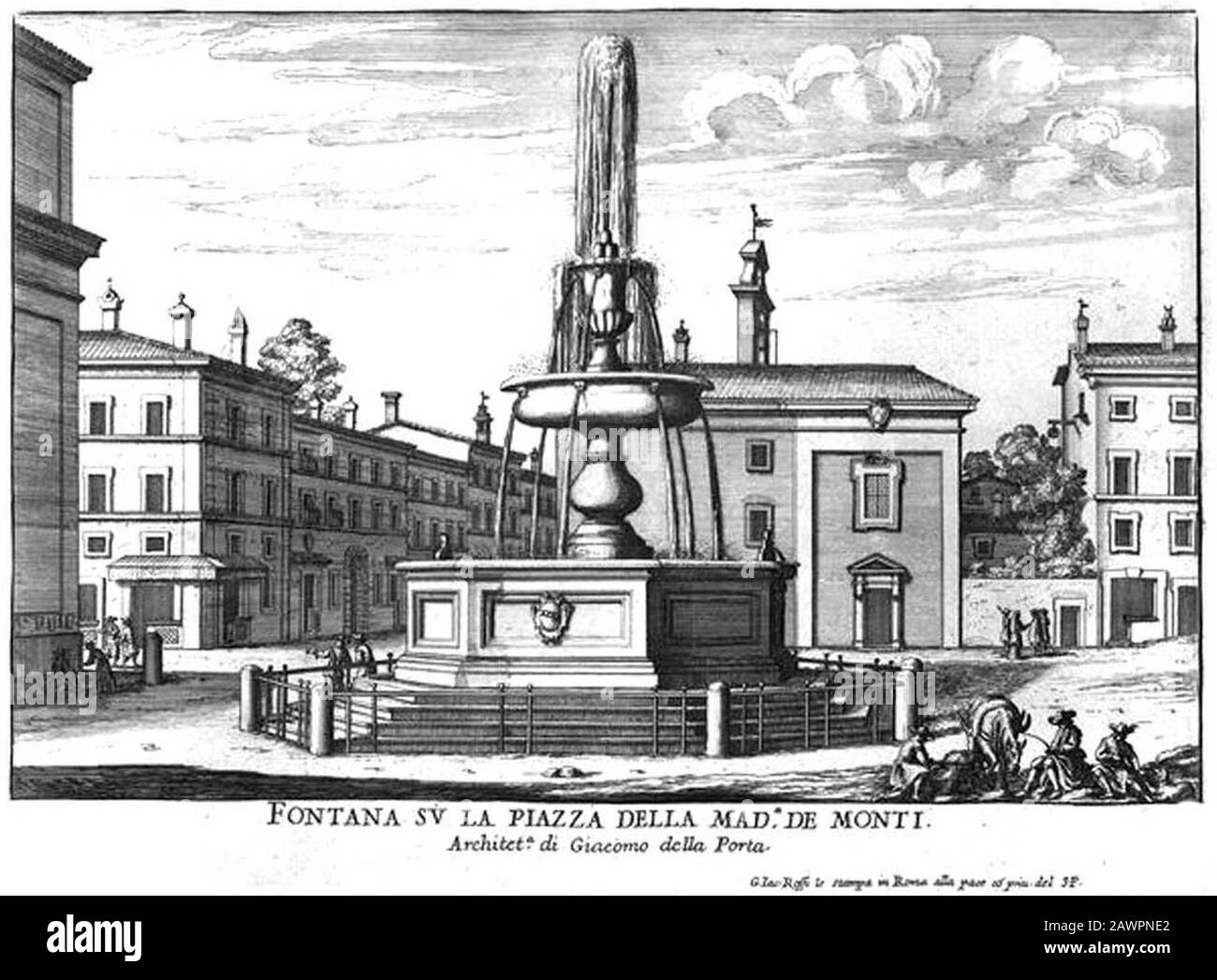 Fontana su la Piazza della Madonna de Monti par Giovanni Battista Falda (17 cents). Banque D'Images