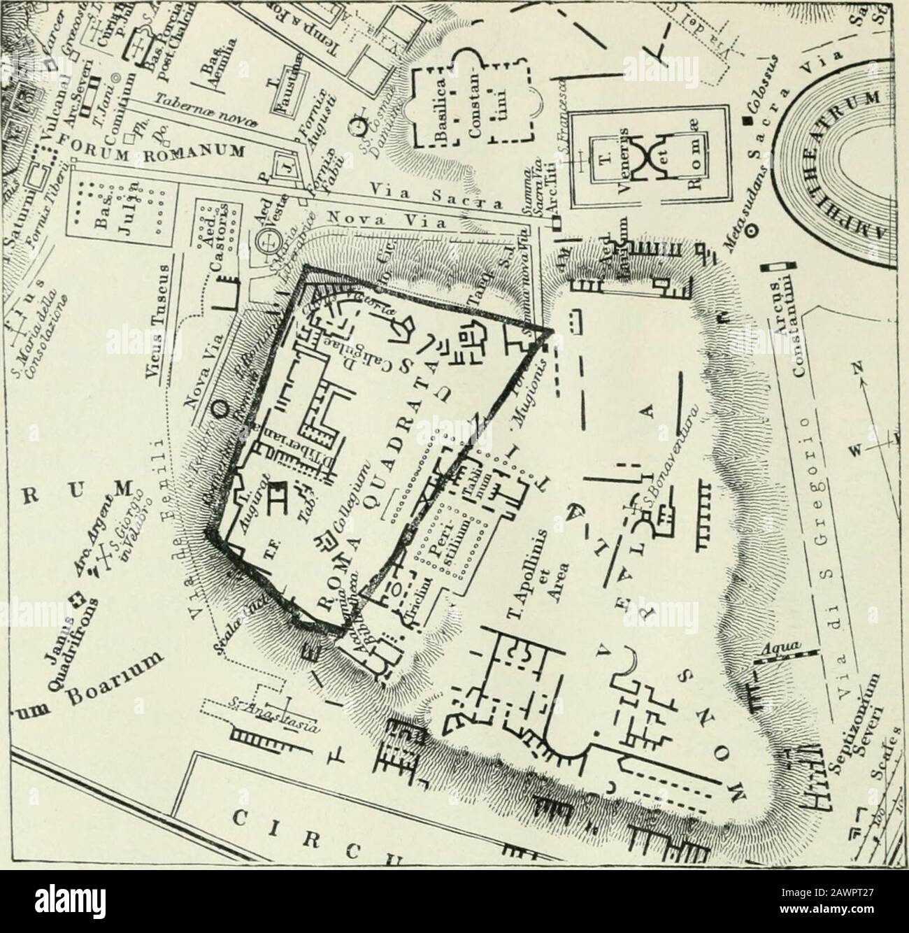 Une journée dans la Rome antique; étant une révision de la "Aus dem alten Rom" de Lohr, avec de nombreuses illustrations, par Edgar Shumway .. . , parce qu'il a interdit d'entrer dans sa ville natale avec un tel honneur, entouré de ses fils, et suivi de ses soldats victorieux. La procession est allée, la foule s'est dispersée, et nous nous réveillés de notre rêve. Nous nous hâtons maintenant en bas de la colline et examinons la prison SO-ledMamertine {Career). C'est, comme on le sait, le nom de la prison de l'État romain. On dit que la partie supérieure a été construite par Ancus Marcius, et Servius Tullius est censé avoir addedthe Lower, subte Banque D'Images
