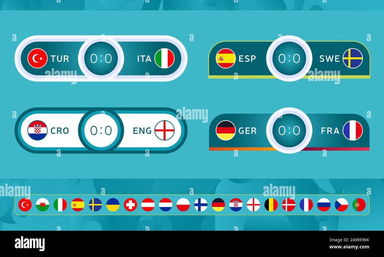 Modèles de tableaux de bord de football 2020 pour le championnat de football 2020 avec drapeau national. Design et éléments de marque Illustration de Vecteur