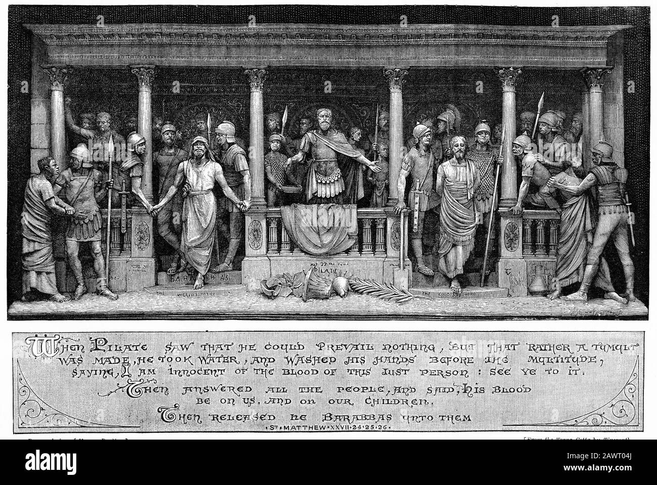 Gravure de Ponce Pilate libérant Barabbas à la foule pendant le procès de Jésus, basé sur un panneau Terra Cotta de George Tinworth Banque D'Images