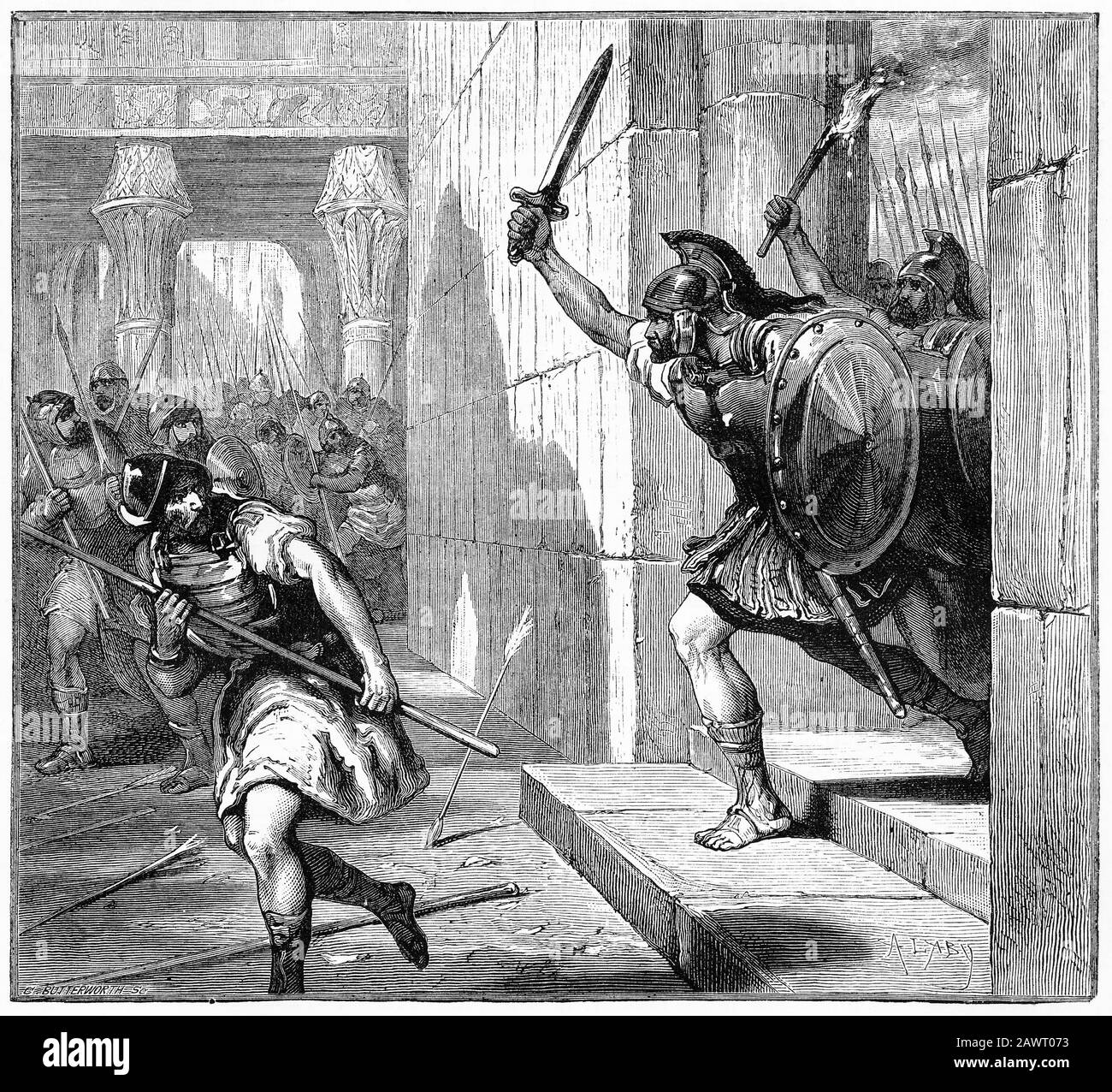 Gravure de soldats romains qui traversent Jérusalem pendant le siège sous Titus, AD70. Image publiée vers 1890. Banque D'Images Gravure de soldats romains qui traversent Jérusalem pendant le siège sous Titus, AD70. Image publiée vers 1890. Banque D'Images