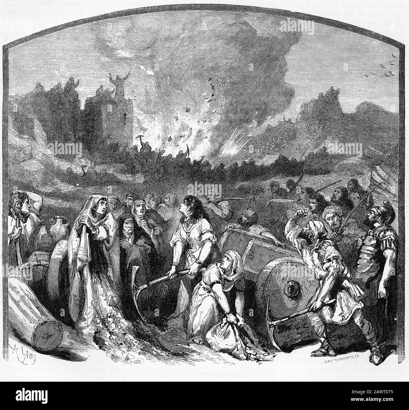 Gravure de Juifs tentant de reconstruire le temple à Jérusalem en 361 après Julian l'Apostate est devenu empereur romain et a essayé d'inverser l'influence croissante du christianisme en encourageant d'autres religions. Alypius d'Antioch a été chargé de reconstruire le Temple à Jérusalem et les Juifs ont été autorisés à retourner à la ville de Jérusalem. La mort de Julian en 363 AD a mis fin à la tentative. Banque D'Images