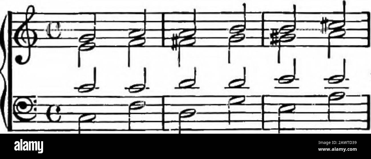 Harmonie, théorie et pratique . ^ j.j.a A A a ^^4 et- P ^ ^^^^-^E^ C: I. IV ii V iii vi, IV vii,° V i Ici, nous avons une séquence tonale (§ 134), dans laquelle un modèle de deux notes est répété une seconde plus haut à chaque fois. Notez que l'itis nécessaire que la distance de chaque répétition devrait être uniforme ; si le deuxième bar ici a été omis, et la première opération de transmission a été un troisième plus élevé, alors que les suivants ont augmenté seulement asecond, nous devrions avoir une séquence irrégulière. Observeaussi qu'il aurait été possible de maintenir la qualité des intervalles les mêmes dans les répétitions que dans le modèle: Ex, 90.. Banque D'Images