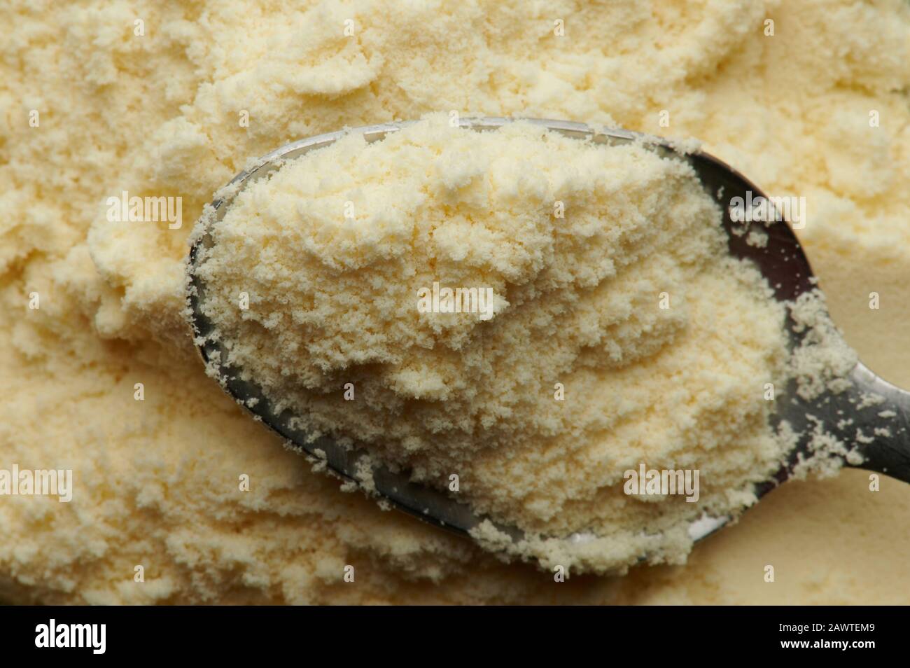 Macro de cuillère avec vue rapprochée du lait sec jaune Banque D'Images