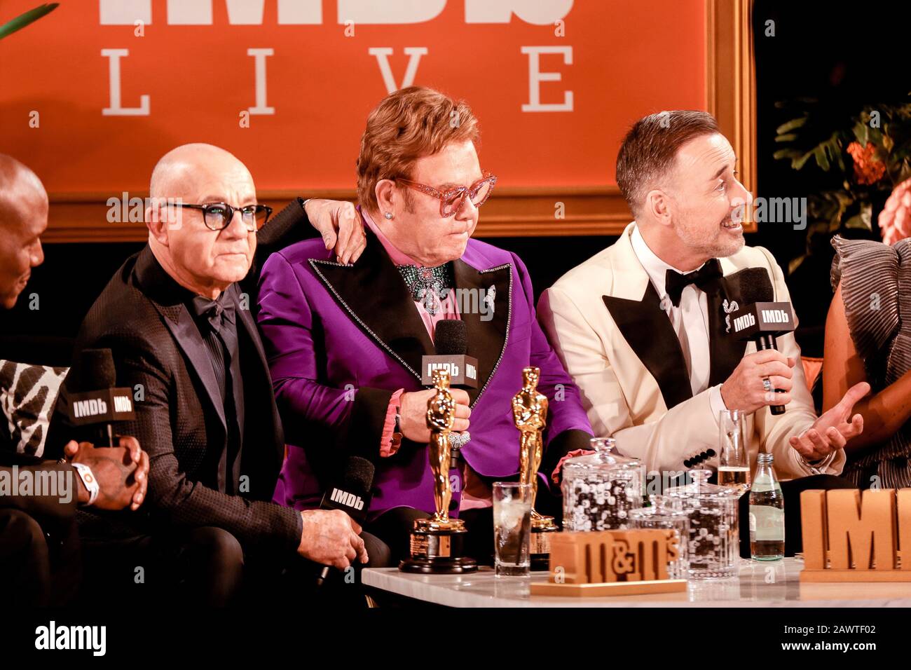 Elton John, David Fournit et Bernie Taupin célèbrent Elton John et Bernie Taupin qui ont remporté le prix Academy Award pour la meilleure chanson originale lors du Elton John AIDS Foundation Viewing Party tenu à West Hollywood Park, Los Angeles, Californie, États-Unis. Banque D'Images