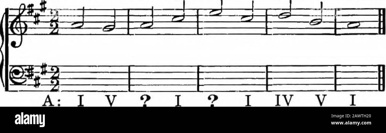 Harmonie, sa théorie et sa pratique . e numérotent chaque note pour la commodité de référence. 121. Si nous examinons cette mélodie, nous verrons qu'il n'y a que quatre notes (nos i, 3, 5 et 9), qui admettent plus de corde possible de thanone; et de celles-ci, le dernier doit prendre la tonalité (§ 117). Le premier accord doit également être tonique; l'exercice de foran ne doit jamais commencer par un accord sous-dominant.Quand il ne commence pas par le tonique, il commencera par un accord adominant, presque toujours sur un battement non accentué. Weayez ici donc seulement deux notes (3 et 5), ce qui permet de choisir. 122. Notre prochaine étape sera de wr Banque D'Images