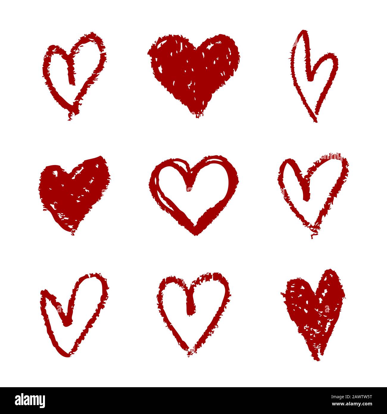 Coeurs vectoriels isolés sur un fond blanc. Formes dessinées à la main pour l'amour, le mariage, la Saint-Valentin ou autre design romantique. Jeu de 9 peintures différentes Illustration de Vecteur