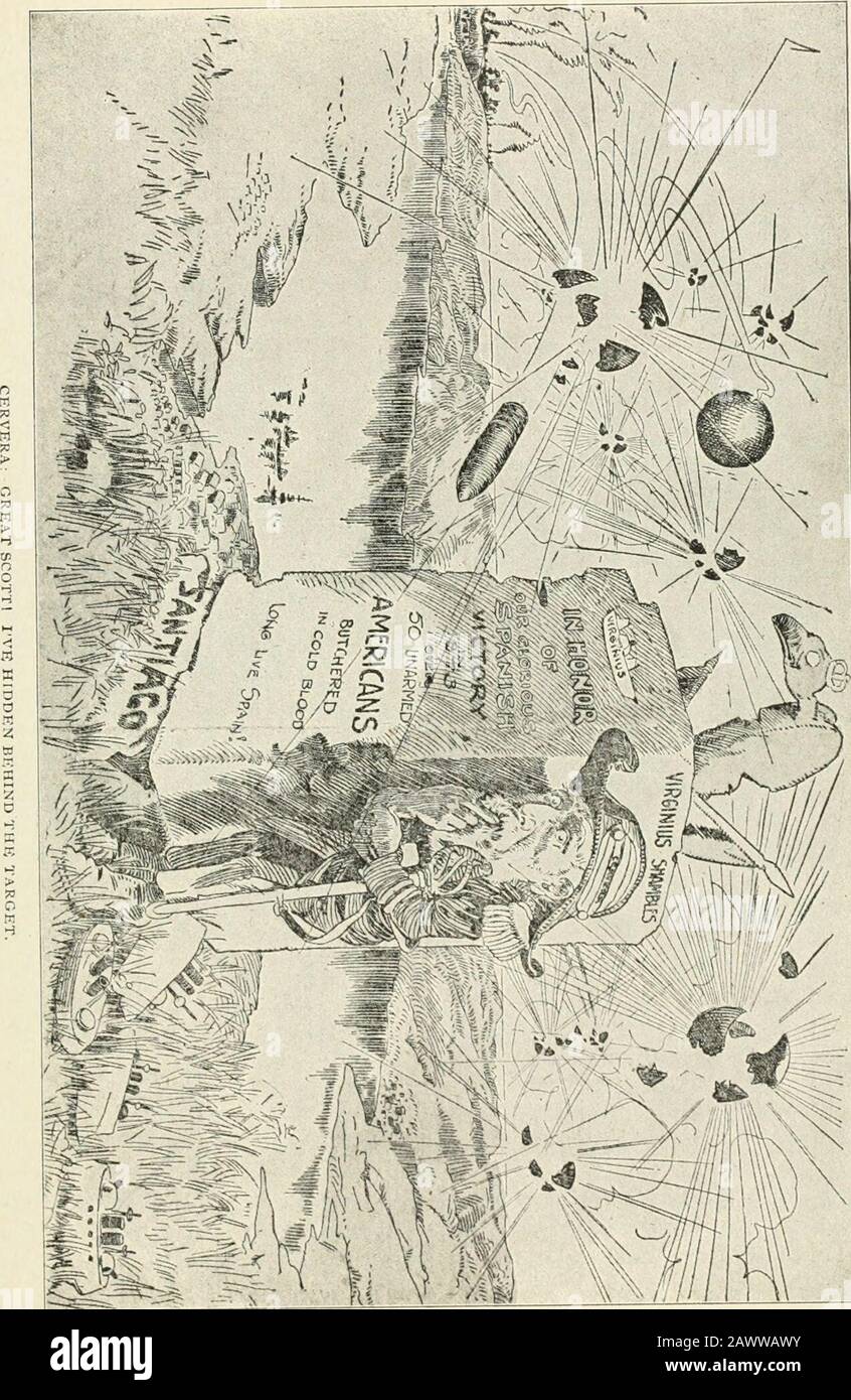 La guerre de l'Amérique pour l'humanité liée à l'histoire et à l'image, embrassant une histoire complète de la lutte de Cuba pour la liberté, et l'héroïsme glorieux des soldats et marins américains . interdire à cela, nous avons eu son escorte, et avons vu toutes sortes de choses, Et il a également interprété pour nous.Ici, laissez-moi dire qu'il avait été partout, et il m'a dit que le harborround sur Santiago était naturellement le meilleur dans le monde, que je, étant awoman, ne connais pas beaucoup. Mais je sais que lorsque nous nous sommes couche de terre et que nous regardions autour de nous, c'était une vue splendide. Nous pouvions voir la colline, qui remonte d'où vous atterriez, corbeau Banque D'Images
