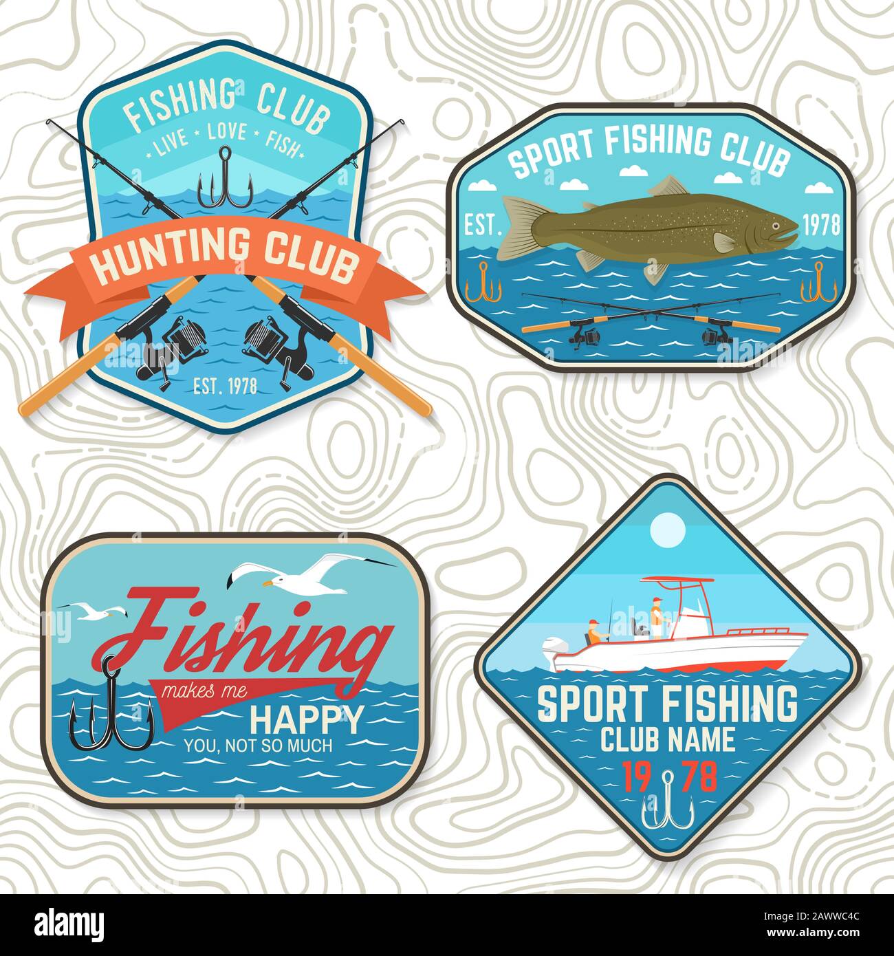 Ensemble de patch de club de pêche. Vivre, aimer, poisson. Illustration vectorielle. Concept pour chemise ou logo, imprimé, timbre, tee-shirt, patch. Design typographique vintage avec tige de poisson, truite arc-en-ciel et silhouette de crochet. Illustration de Vecteur Ensemble de patch de club de pêche. Vivre, aimer, poisson. Illustration vectorielle. Concept pour chemise ou logo, imprimé, timbre, tee-shirt, patch. Design typographique vintage avec tige de poisson, truite arc-en-ciel et silhouette de crochet. Illustration de Vecteur