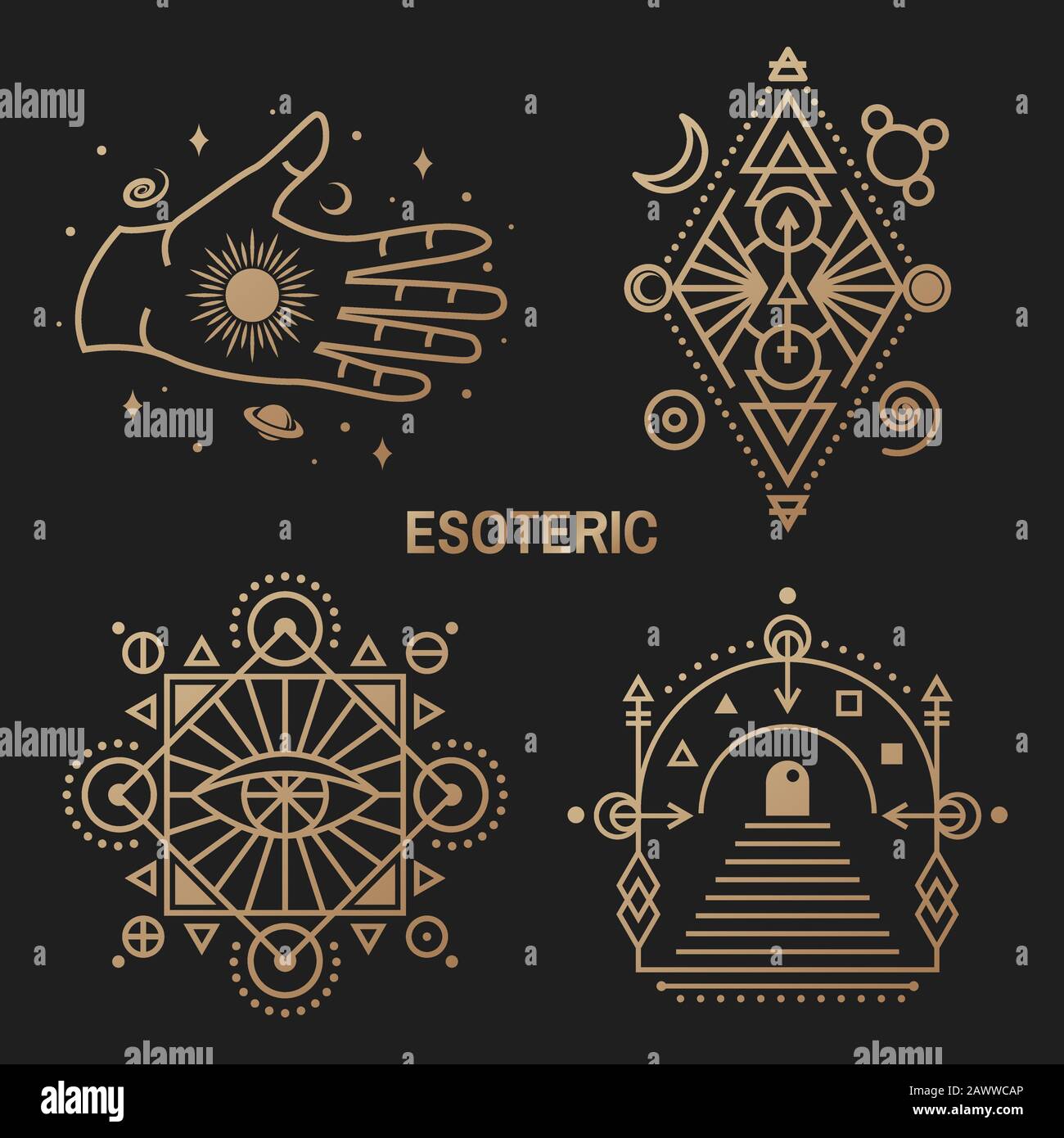 Symboles ésotériques dorés. Illustration vectorielle. Écusson géométrique à fines lignes. Icône de contour pour l'alchimie ou la géométrie sacrée. Mystic, design magique avec oeil, main, étoile, porte à un autre monde, lune Illustration de Vecteur Symboles ésotériques dorés. Illustration vectorielle. Écusson géométrique à fines lignes. Icône de contour pour l'alchimie ou la géométrie sacrée. Mystic, design magique avec oeil, main, étoile, porte à un autre monde, lune Illustration de Vecteur
