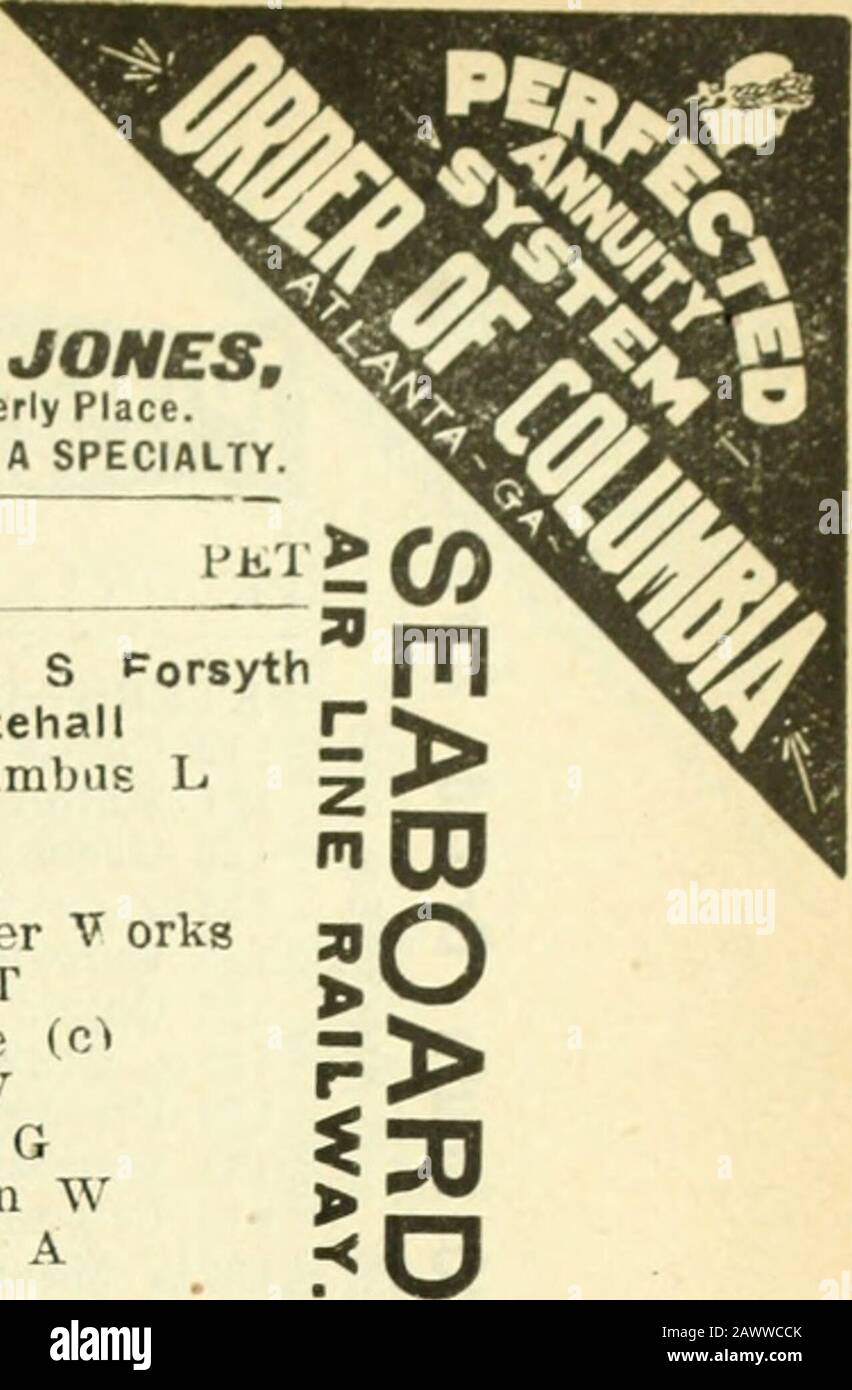 Atlanta City Directory . Itehall 2 Bradshaw Columbus L 3 Chong Hop 5 Dewberry Giles51^ Sou Suspehder V Orka Keown James T 6 Maiigum Carrie (C^i lOstes Martin V Ramsey James G 8 Strickland John W 9 Stevens Daniel A 11 Kelly James J 12 Stalles Viola (c) 13 Brooks Mary (c) 15 porter Fannie (c) 16 Brown Nancy A MR 19-21 Stuchlik Joseph W20 Barker Charles D Southern StarParham Ernest LLevy George F 23 Vant 24 Maxwell Jarvis R241/2 Shelton John R 25 Cross John O Sou Coffee & Spice Mill 27 Wilkins Samuel 28 Booth William K30 Petty Jackson (C) 33 Buice Louvinia T Mme 34 Beck Emily Mme 37 Ellis Mary M Banque D'Images