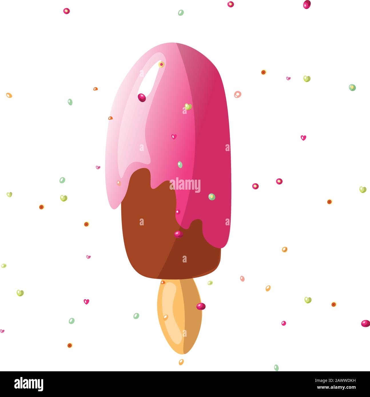 Illustration vectorielle mignonne de sundae de crème glacée au chocolat sucré avec de la glace aux fraises ou aux cerises. Glaçage aux fruits sur la glace au chocolat noir sur le bâton avec Illustration de Vecteur