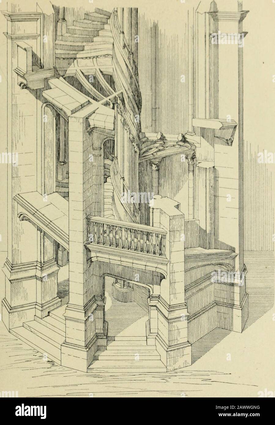 L'architectes le passé.--le pré-envoyé . Fig. 58. — point dappui Louis XII au château de Blois. Plus UO bacs appropriés. Il est cependant une tentative àsignaler pour son auteur dans la église de la Ferté-Bernard(Sarthe), où les arcs diagonales se croisanfportent non plus desvoûtes, mais pas des plafonds de pierre par lintermédia de tansajourés, pas les éléments usontiles t constitués au sein de yen. Fig. 59- — Château de Blois.(Escalier de François I&lt;), io6 LARCHITECTURE petites colonettes, diminue de hauteur à fourrure et à mesurequelles se rapprochement du sommet (fig. 55). Au niveau supé-ri Banque D'Images