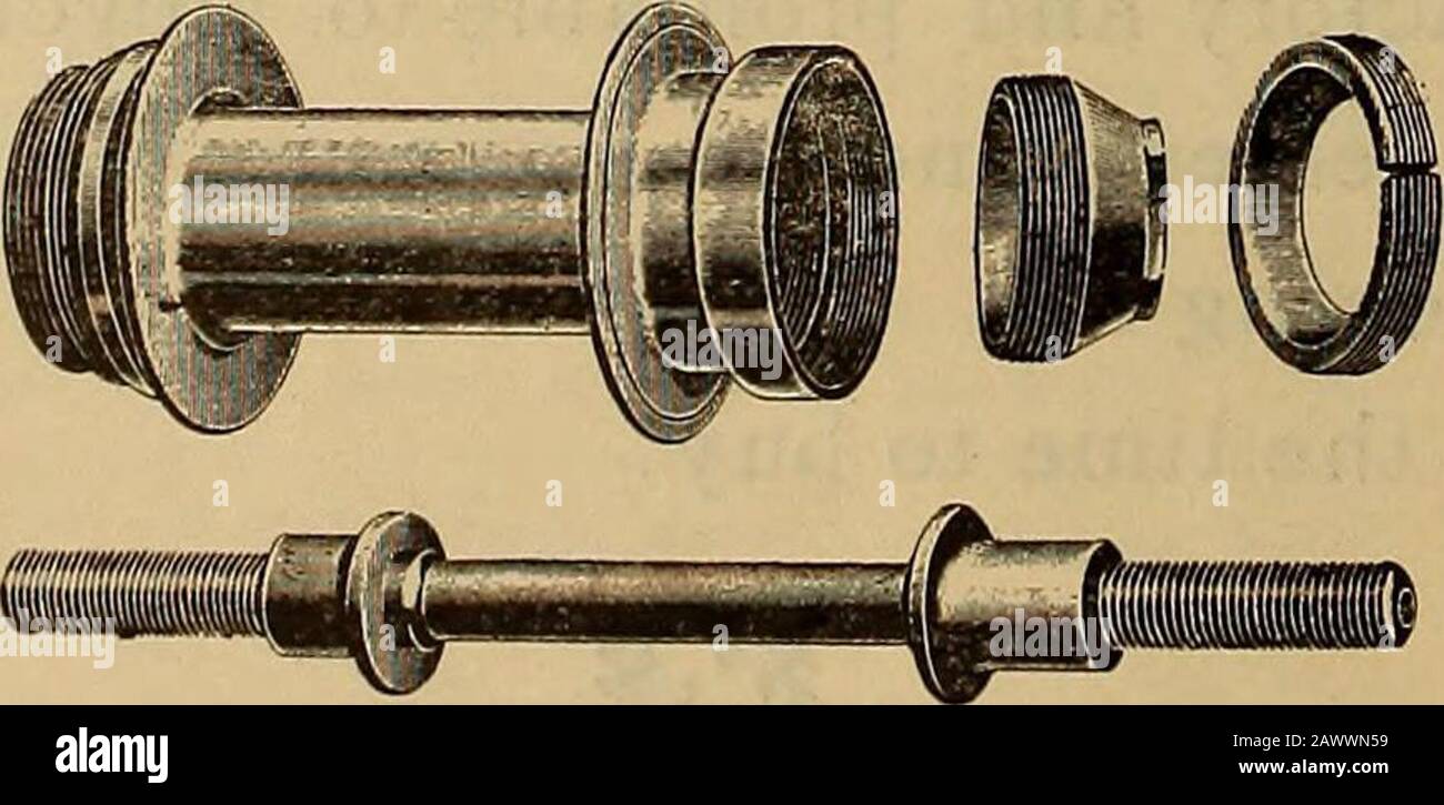 La revue du commerce de la roue et du vélo . degré de marche avant ou arrière ou une verticalposition à adopter avec complication. Voici un moyeu de réglage de disque d'une description soignée et simple installé sur la Royal Prog-ress—une machine de course Coventry.. La broche illustrée est faite d'acier souple, les cônes, les tasses et l'anneau étant madede la meilleure qualité d'acier moulé. Le côté à juste titre du moyeu est taraudé pour les droitiers et le bord extérieur du moyeu est alors alésé d'une taille plus grande et taraudé avec un filetage à gauche. La tasse est faite avec un dos conique, et est hurlée à l'arrière de la Banque D'Images