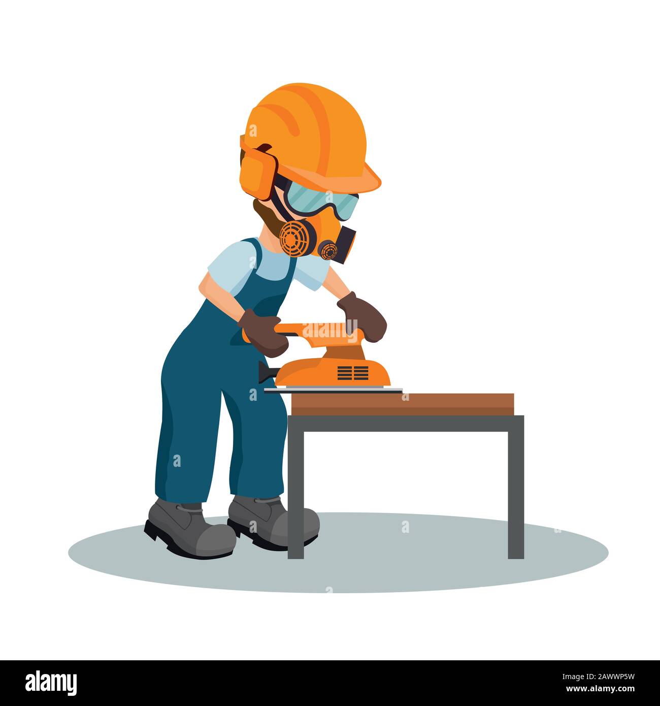 Charpentier mâle ponçage d'une planche en bois avec une ponceuse à l'équipement de sécurité industrielle Illustration de Vecteur