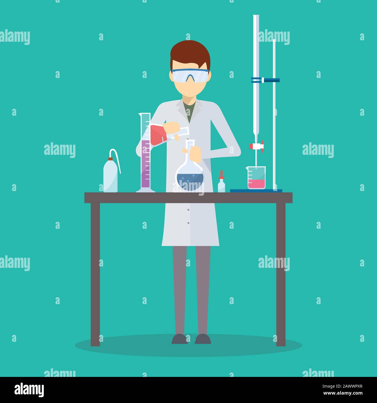 Conception vectorielle d'un scientifique dans son laboratoire de chimie Illustration de Vecteur