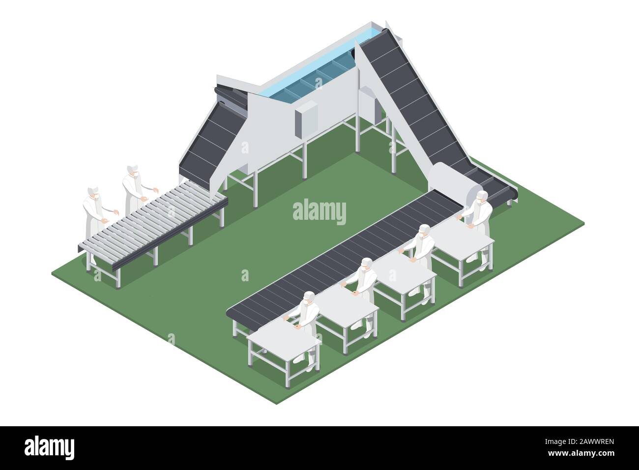 Ligne de production alimentaire industrielle avec équipement et machines automatisés.Illustration vectorielle des machines et des travailleurs travaillant Illustration de Vecteur
