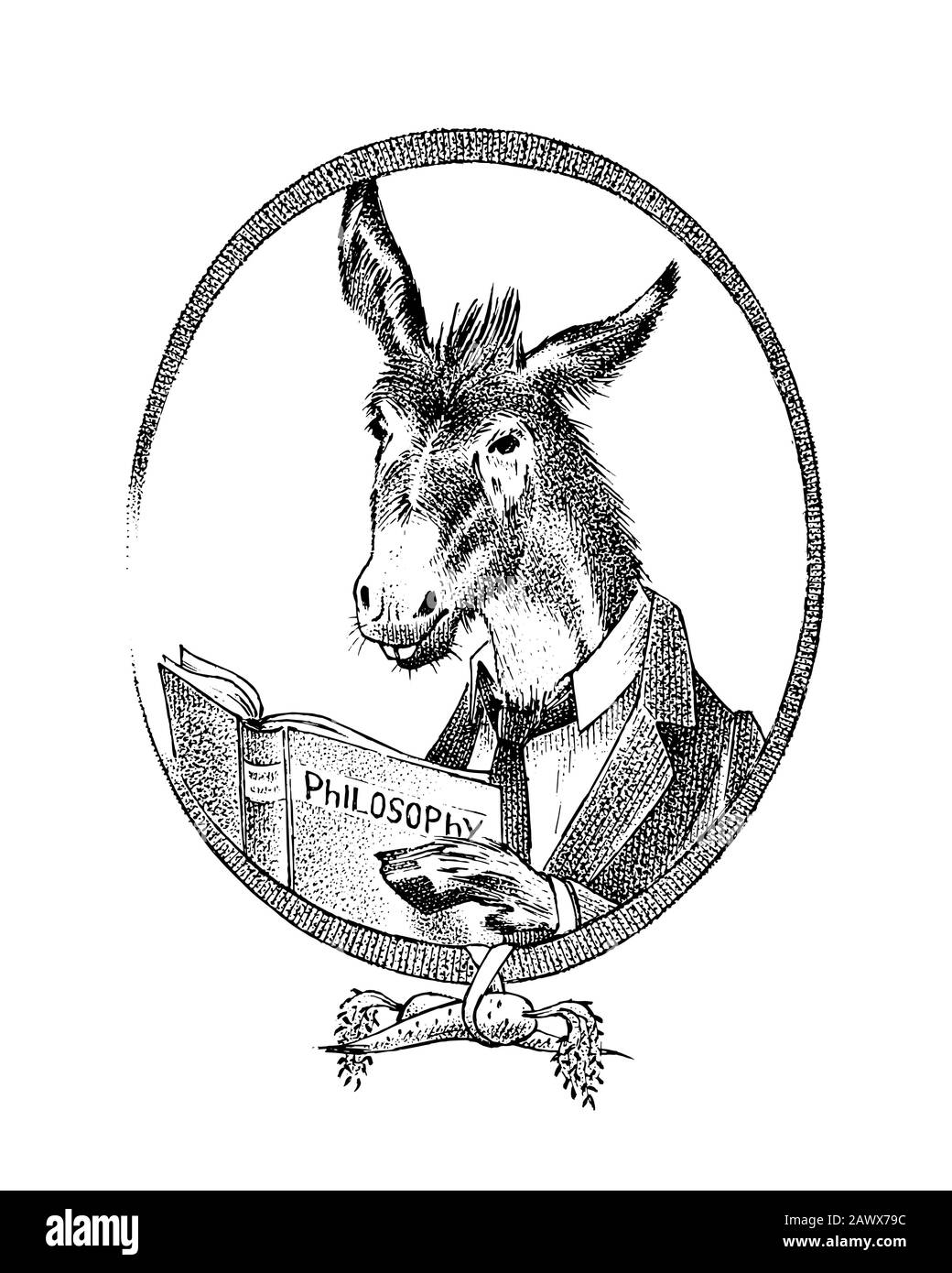 Personnage philosophe âne ou penseur de chèvre. Portrait de la personne animale dessinée à la main. Croquis monochrome gravé pour carte, étiquette ou tatouage. Hipster Illustration de Vecteur