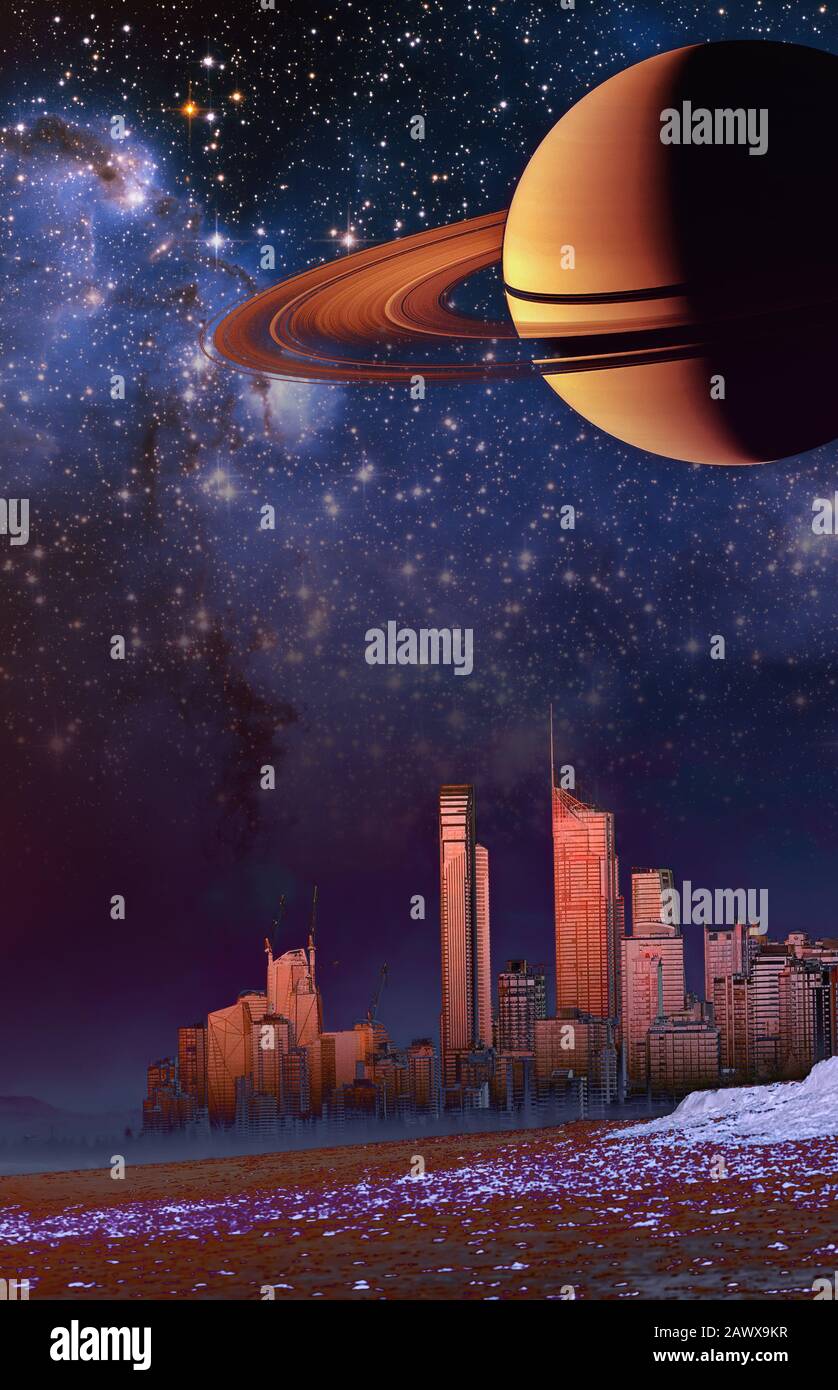 Paysage fantastique pour la couverture de livre - les gratte-ciel modernes de la ville au-dessus de la dune et de la brume. Éléments de cette image fournie par la NASA Banque D'Images