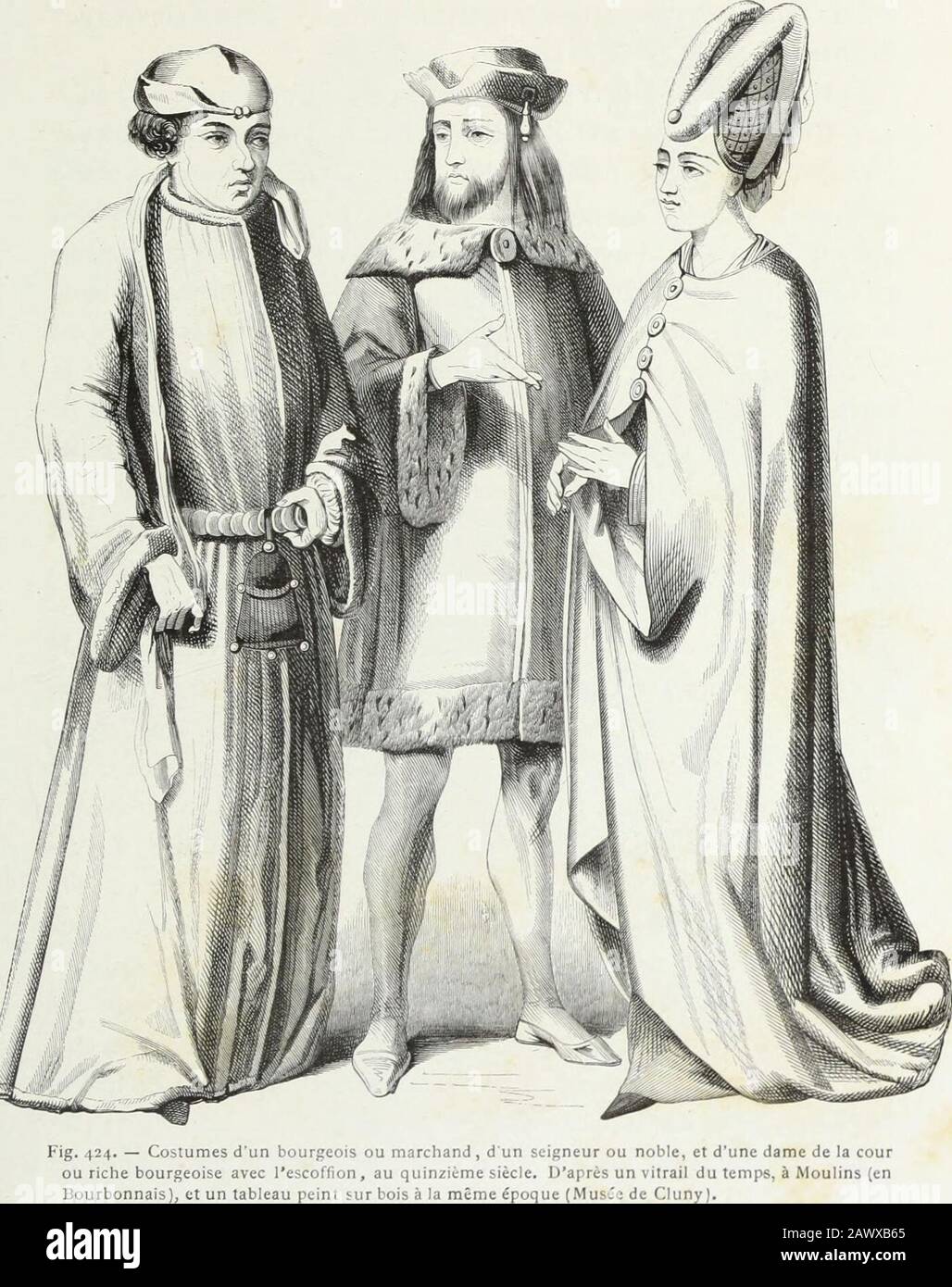 Mœurs, usages et costumes au meen âge et à l'époque de la renaissance . Dentelle ITALIENNE en fil DOR, aux boutons et armoiries dHenri III (Seizième siècle.) COSTUMES. &gt;77. Placée, avec celle de son époux, dans la église des Célctines à Paris, offre leplus pur modèle de ce costume lamante, auquel resviennent sans cesse nos MŒURS (A). 73 578 MŒURS USAGES et. Artistes, quand ils véolent retracer quelques poétiques scènes du Moyen âgefrançais (fig. 422 et 428). Ce rêve, sans diffusion en principe de celui du tremizième siècle, puis-quil se compositionait à pu près des mêmes éléments, se distingue Banque D'Images