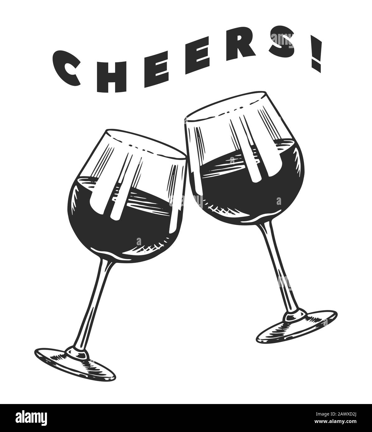 Cheers toasts et verres de vin à la main. Concept de célébration. Boisson alcoolisée au raisin rouge. Badge vintage. Étiquette De Modèle Pour Éclaboussures D'Alcool. Semi Illustration de Vecteur