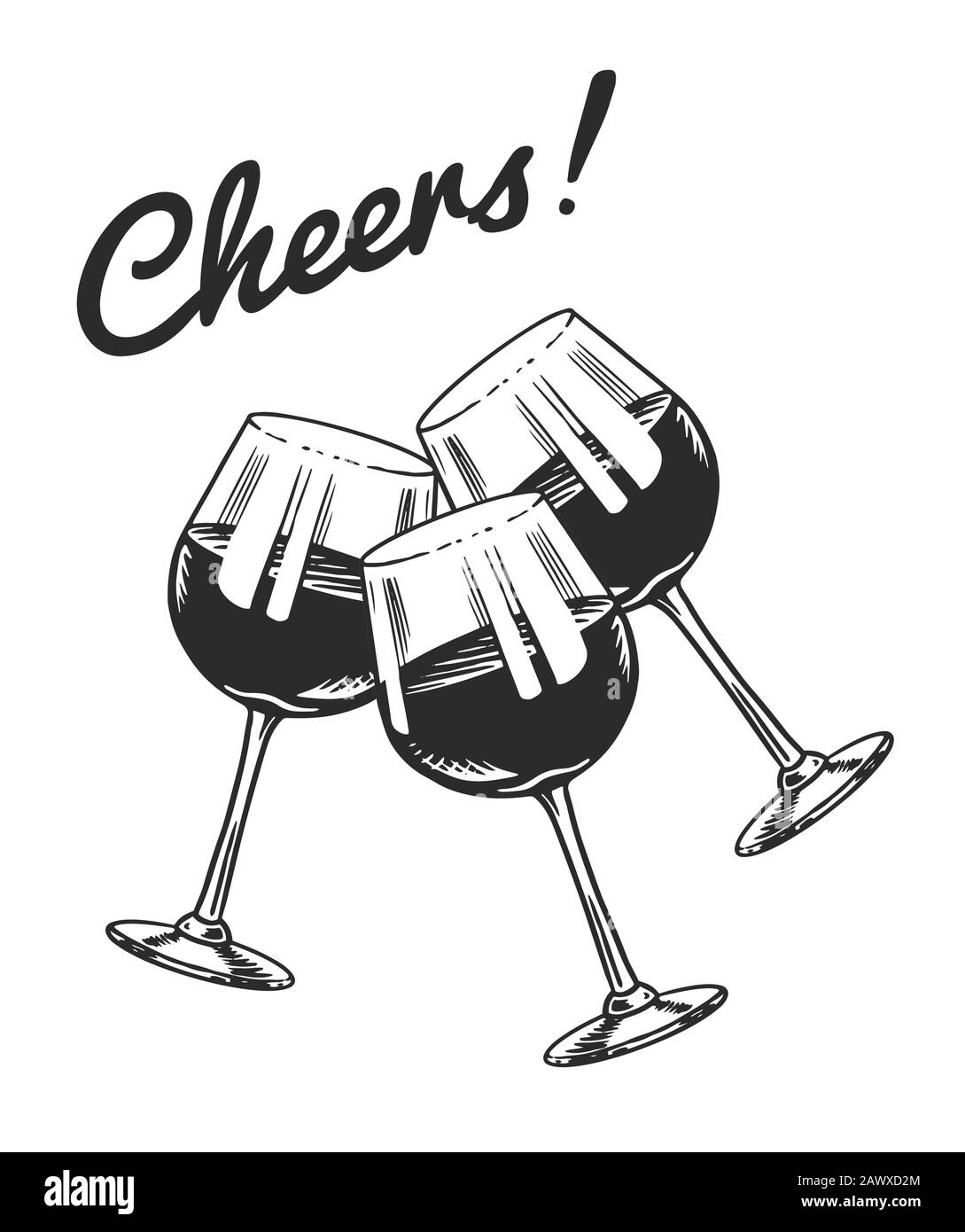 Cheers toasts et verres de vin à la main. Concept de célébration. Boisson alcoolisée au raisin rouge. Badge vintage. Étiquette De Modèle Pour Éclaboussures D'Alcool. Semi Illustration de Vecteur