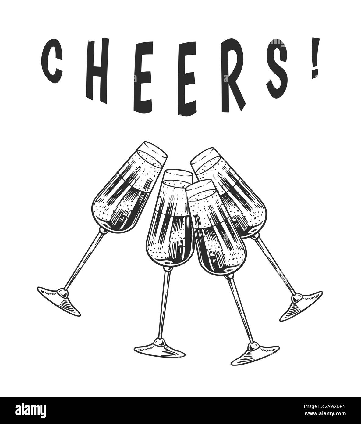 Toast santé. Verres Clink de champagne ou de vin mousseux à portée de main. Concept de célébration. Boisson alcoolisée au raisin. Badge vintage. Éclaboussures d'alcool Illustration de Vecteur