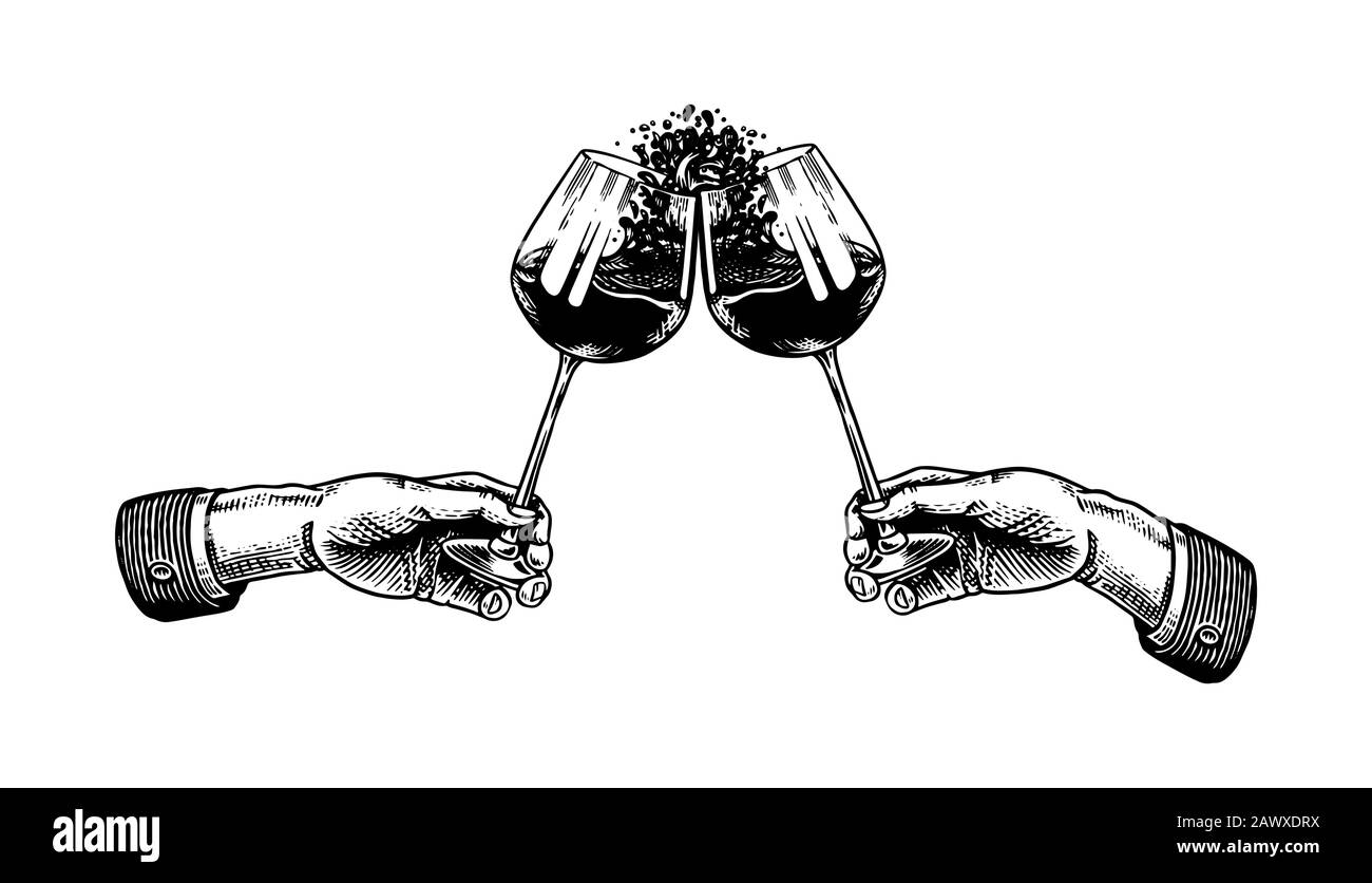 Cheers toasts et verres de vin à la main. Concept de célébration. Boisson alcoolisée au raisin rouge. Badge vintage. Étiquette De Modèle Pour Éclaboussures D'Alcool. Semi Illustration de Vecteur