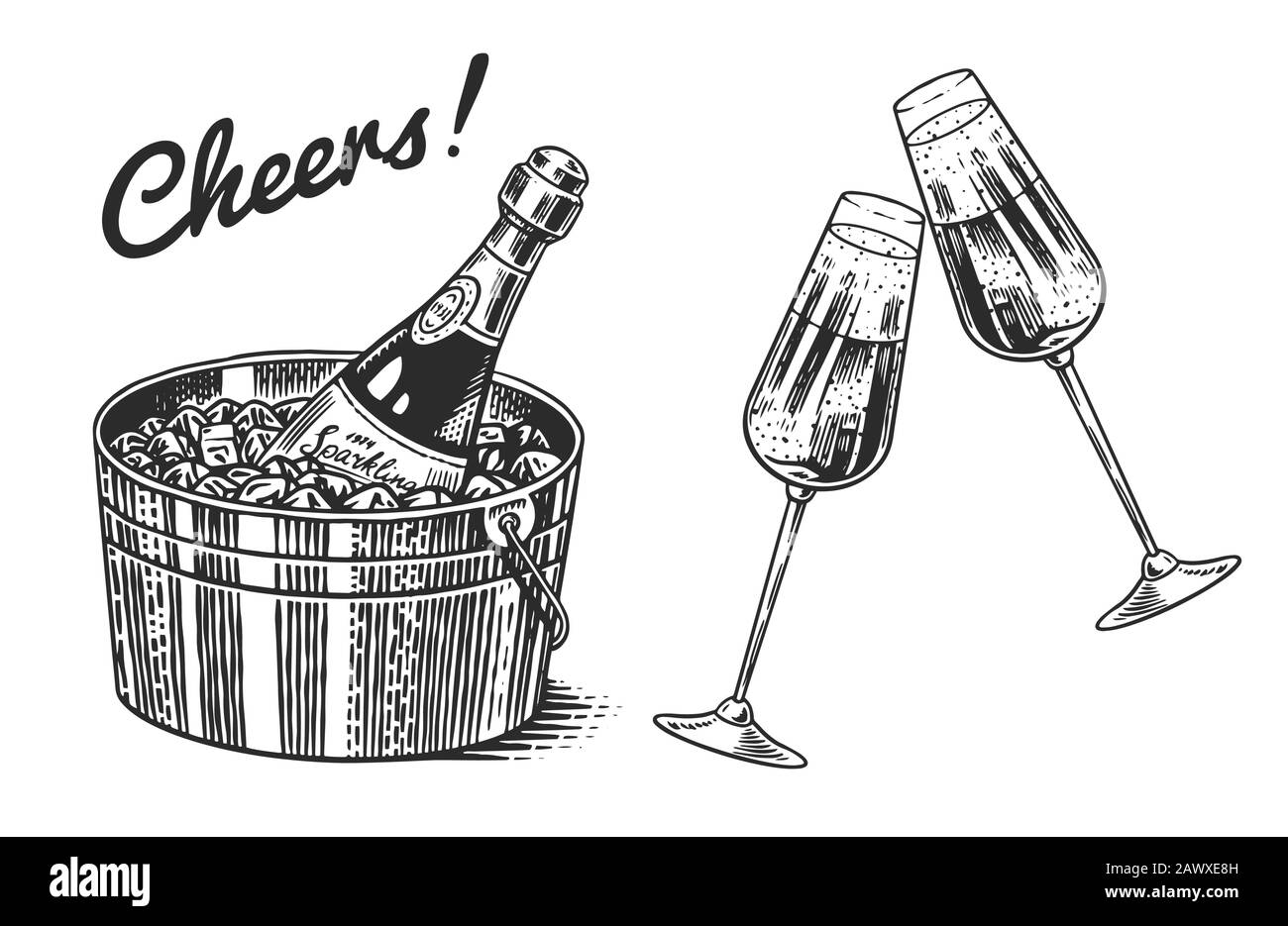 Toast santé. Verres Clink de champagne ou de vin mousseux à portée de main. Concept de célébration. Boisson alcoolisée au raisin. Badge vintage. Éclaboussures d'alcool Illustration de Vecteur