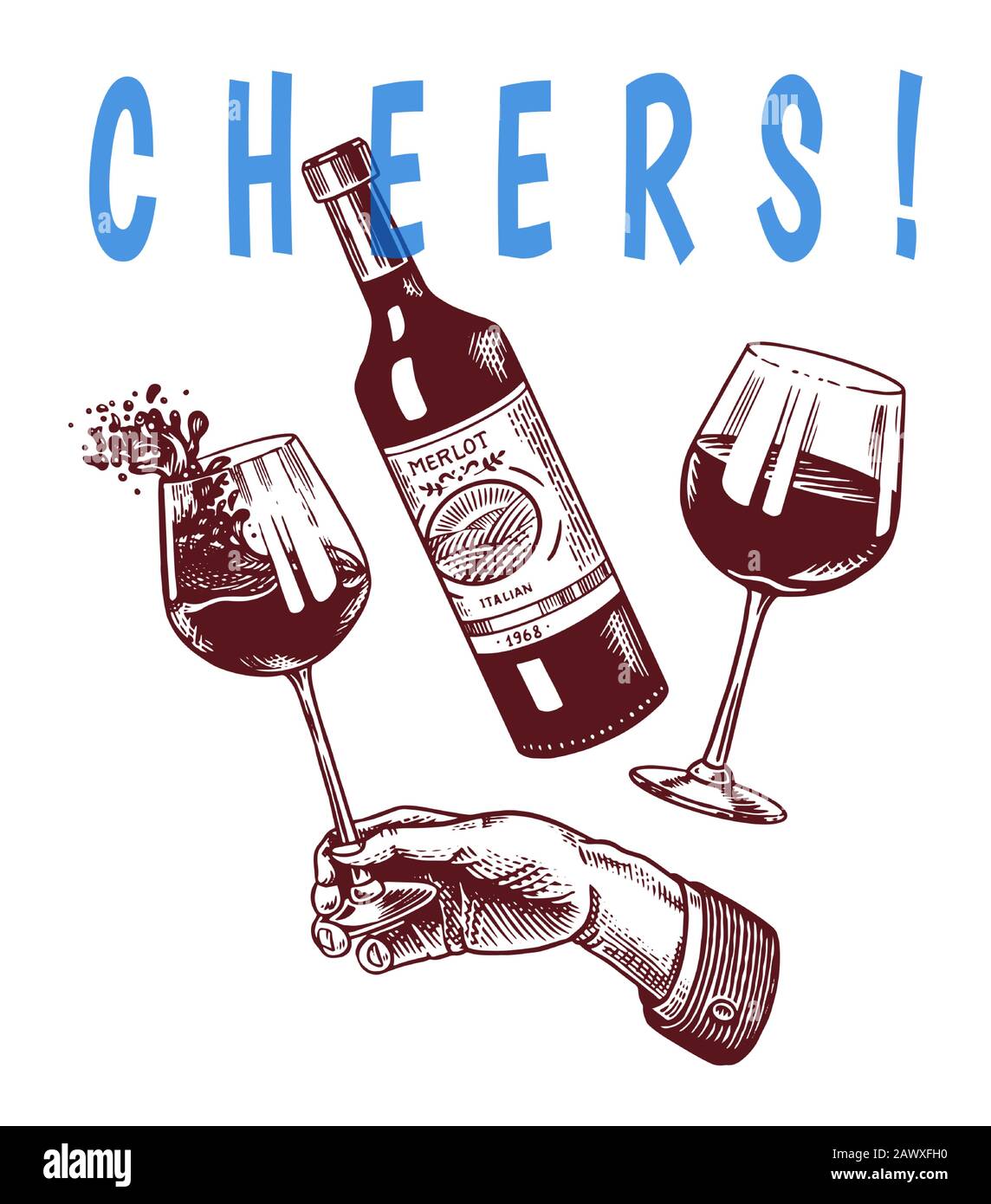Cheers toasts et verres de vin à la main. Concept de célébration. Boisson alcoolisée au raisin rouge. Badge vintage. Étiquette De Modèle Pour Éclaboussures D'Alcool. Semi Illustration de Vecteur
