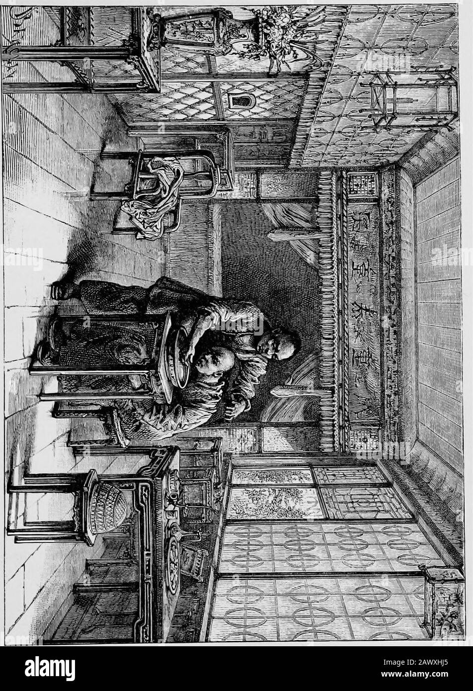 La vie des enfants dans les maisons chinoises . un coin calme, la wisteria, la jessamine et les roses chmbingchinoises poussent de manière luxuriante ; et en automne, la douce sentdu Kwei-wha, ou fleur de l'olive parfumée, est portée à chaque brise. Nous nous sommes arrêtés dans notre description de la maison pour parler le jardin, qui serait tout à fait hors de l'endroit si elle était en Angleterre; mais en Chine, comme je l'ai dit auparavant, c'est différent, pour les maisons là-bas souvent construites autour du jardin, au lieu du jardin allant autour de la maison. En passant dans la salle principale du manoir, qui s'appelle la salle d'hôtes, nous la trouvons meublée vdt Banque D'Images