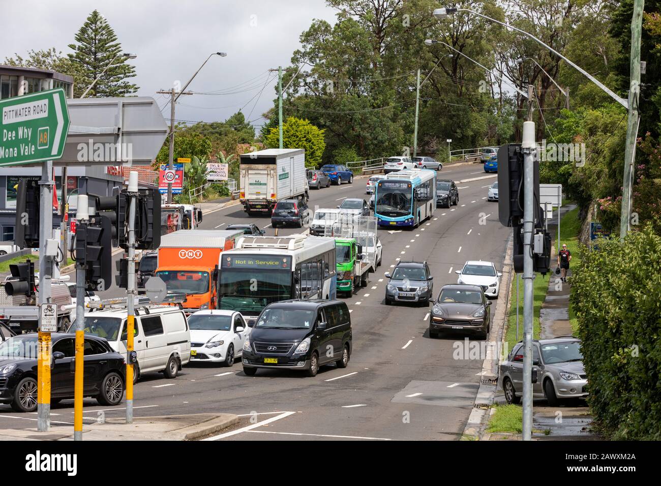 Le trafic de Sydney sur la route de guerre, Dee Why, Australie, les bus et les voitures attendent au feu Banque D'Images