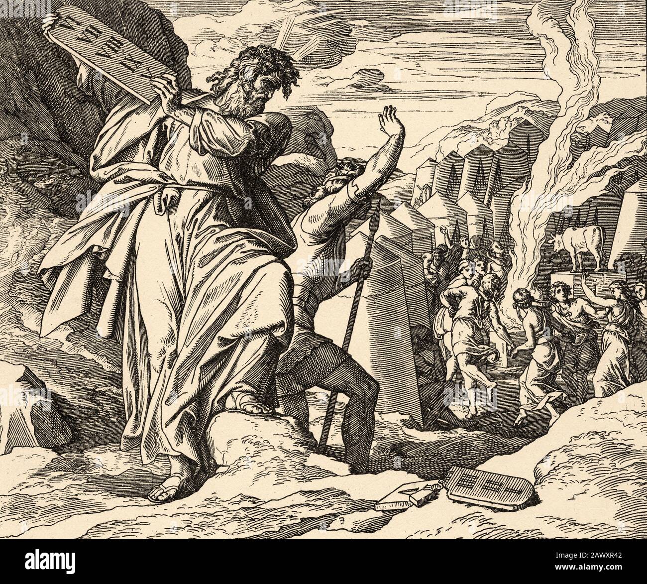 Exode. Dieu dépose la loi. Moïse brise les tables de témoignage. Histoire biblique sacrée ancien Testament. Ancienne gravure du livre Historia Sagrada 1920 Banque D'Images