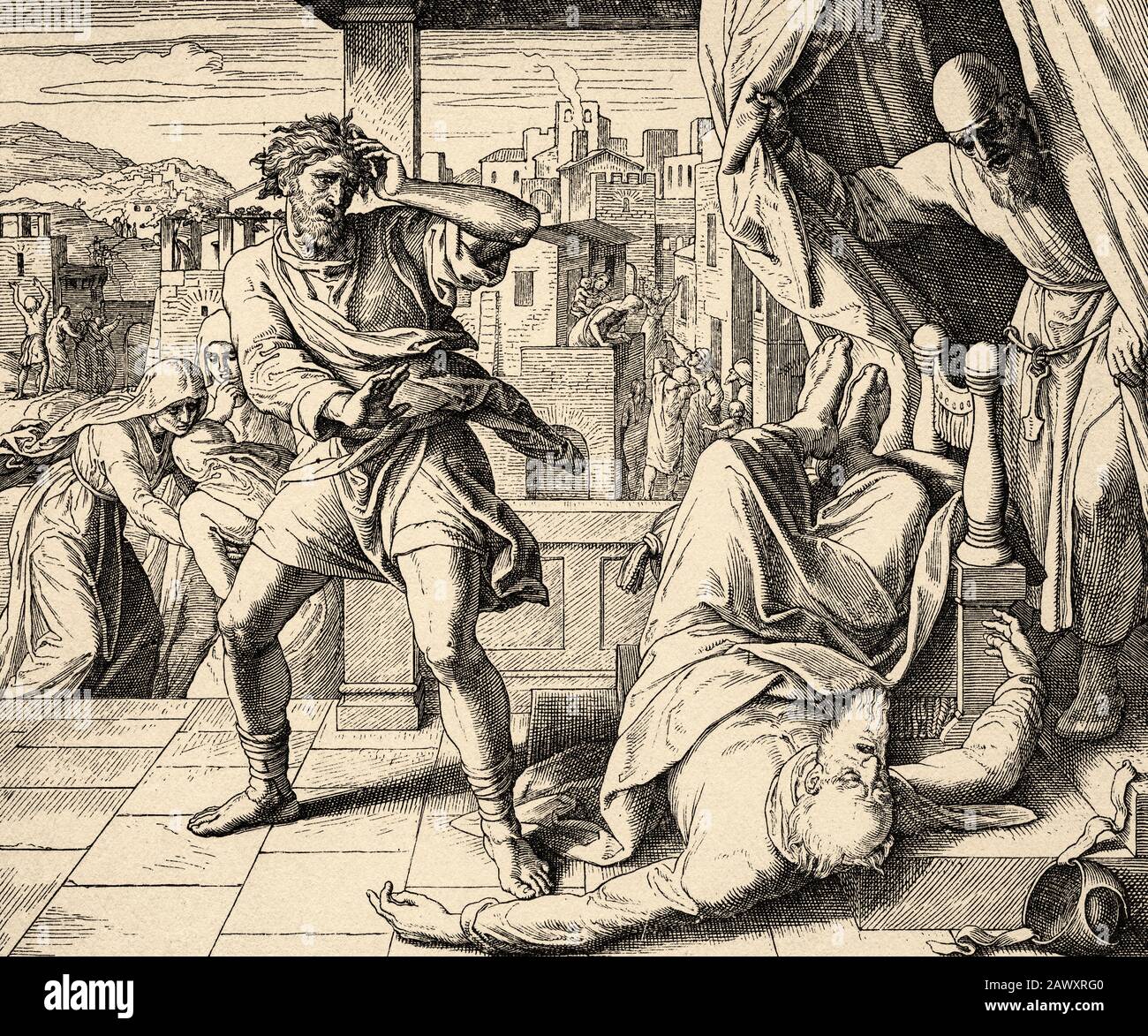 Eli est mort. Livre Samuel. Histoire biblique sacrée ancien Testament. Ancienne gravure du livre Historia Sagrada 1920 Banque D'Images