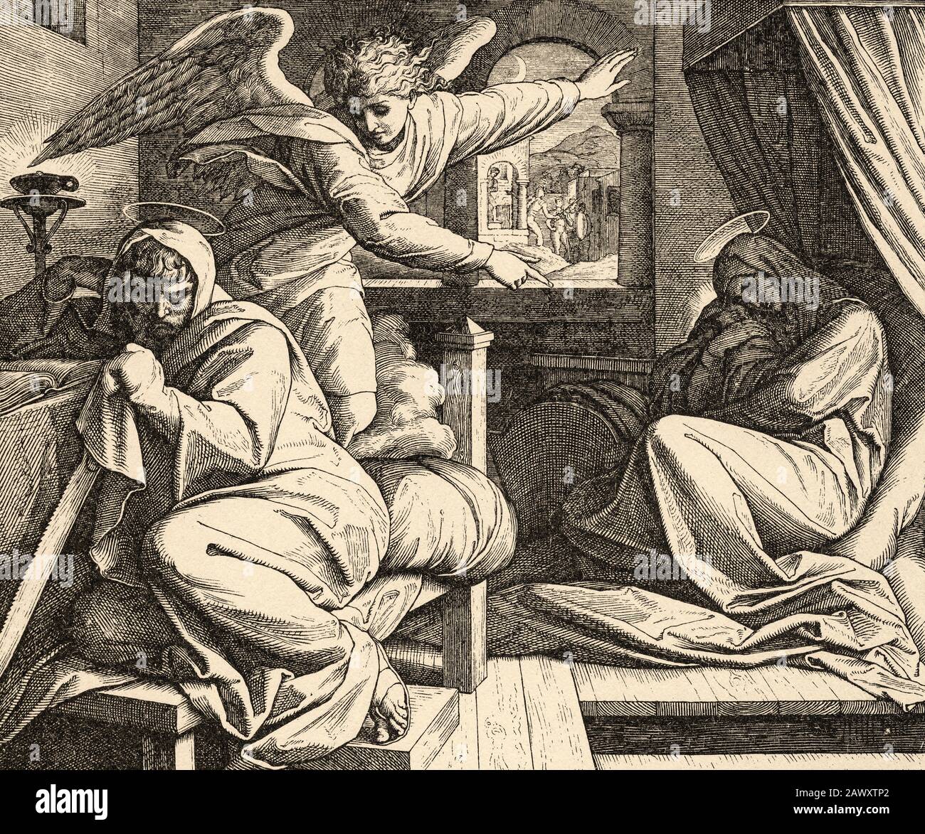 L'avertissement de l'ange. Un ange avertit Joseph de sauver l'enfant. Matthieu livre, l'histoire sacrée biblique du Nouveau Testament. Ancienne gravure Banque D'Images