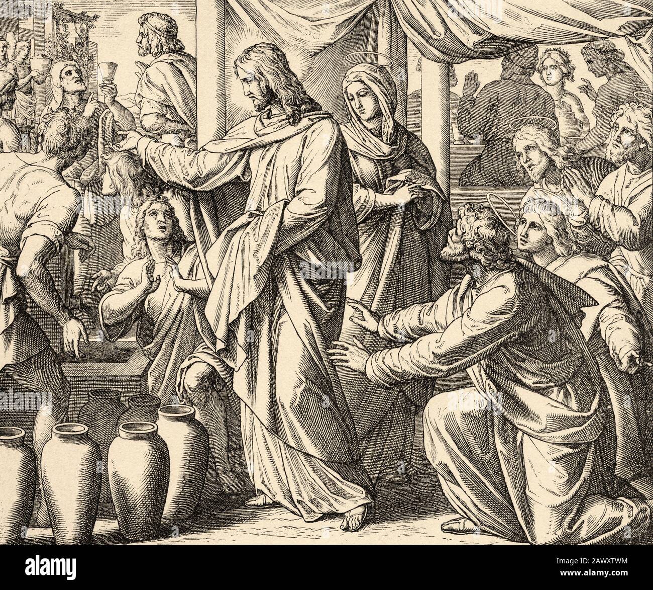 Le mariage à Cana. Jésus au mariage de Cana transforme l'eau en vin. John Book, l'histoire