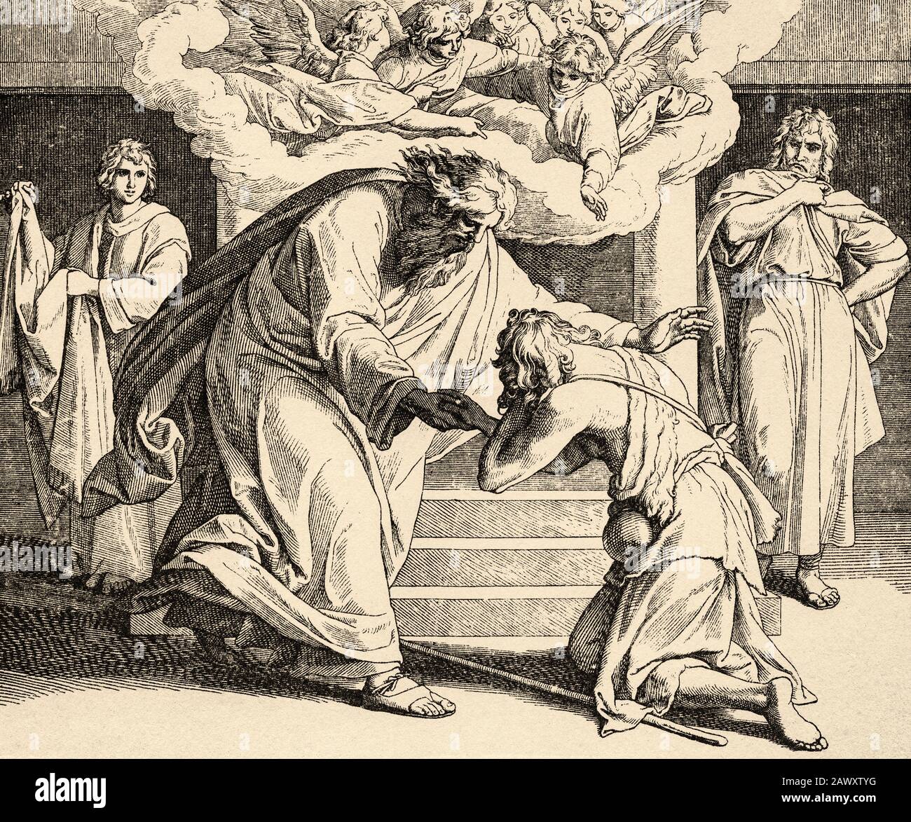 Le fils perdu. Parabole du fils prodigue qui retourne repentant. Livre de Luc, histoire biblique sacrée du Nouveau Testament. Ancienne gravure Banque D'Images