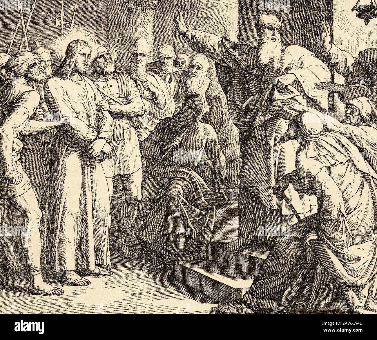 Jésus devant Caiaphas. Les pharisiens et la synagogue condamnent à la mort notre Seigneur Jésus, fils de Dieu. Matthieu Livre, Nouveau Testament Sacré Banque D'Images