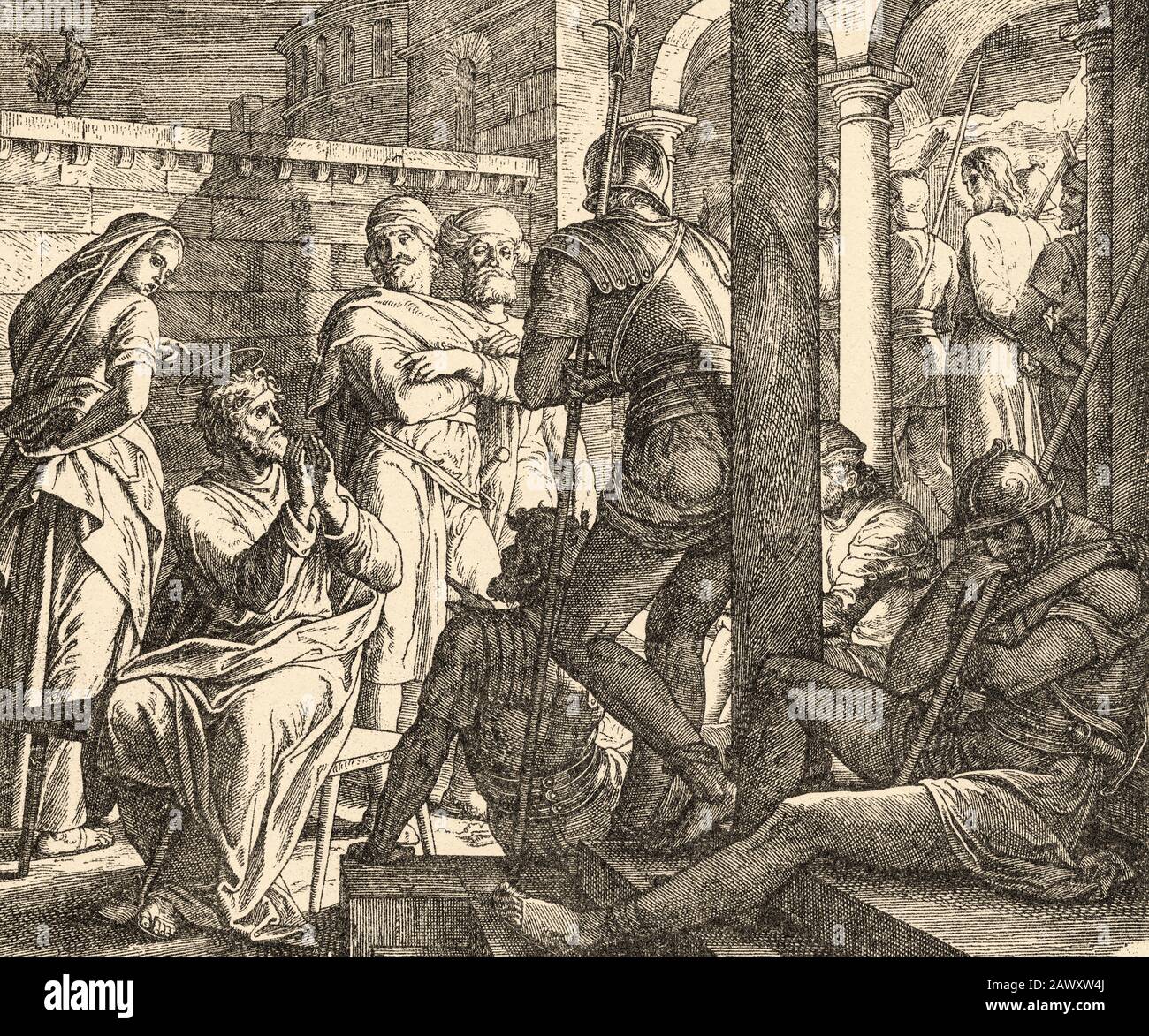 Les dénis de l'apôtre Pierre. L'apôtre Pierre nie trois fois notre Seigneur Jésus, fils de Dieu. Matthieu livre, Nouveau Testament Bible Sacrée Banque D'Images