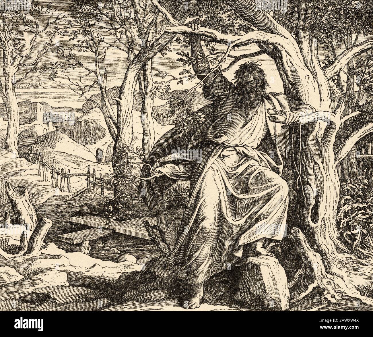 Désespoir de Judas. Judas Iscariot le traître se pend dans un arbre. Matthieu livre, l'histoire sacrée biblique du Nouveau Testament. Ancienne gravure Banque D'Images