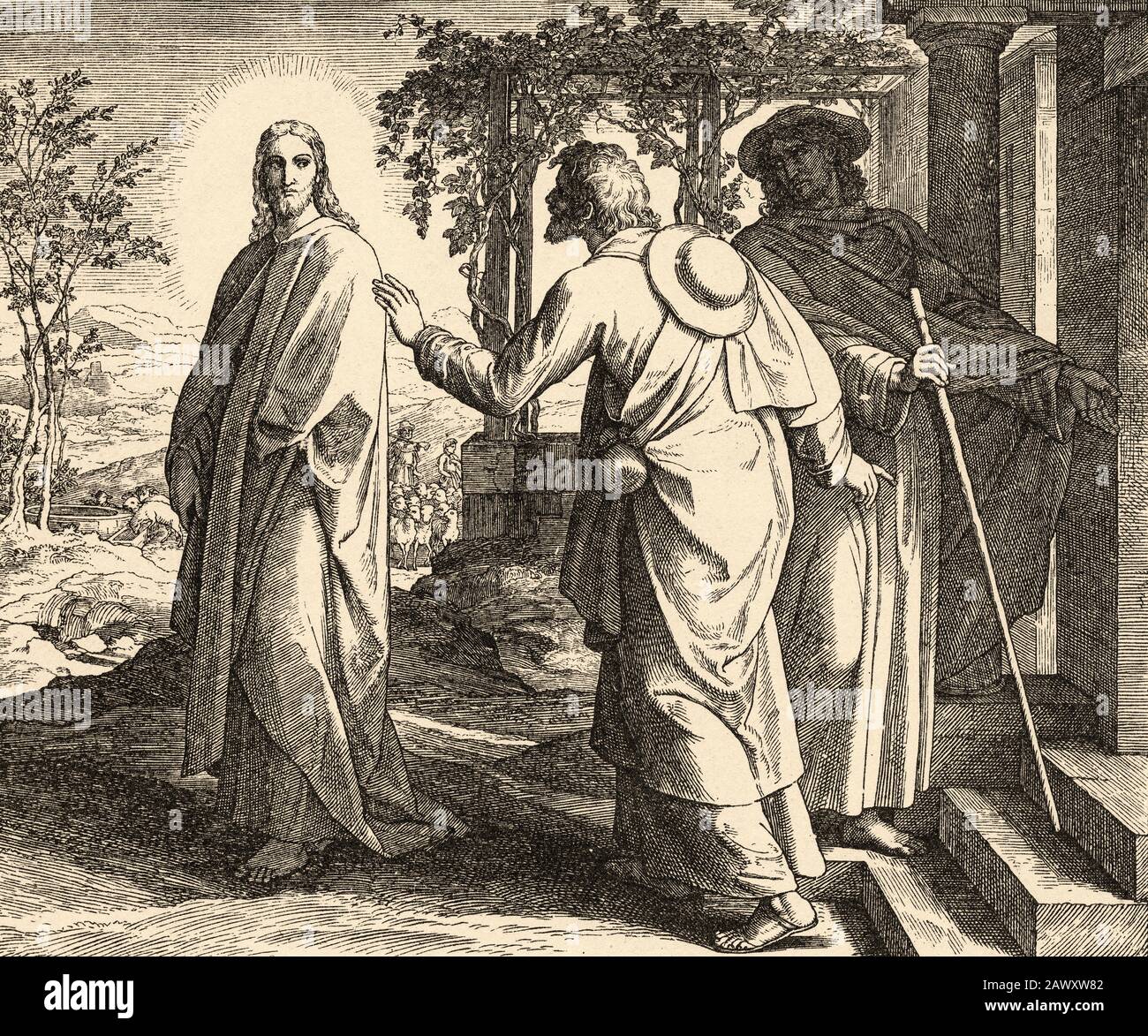 Les Disciples D'Emmaus. Les disciples à leur arrivée à Emmaus prient à Notre Seigneur Jésus, fils de Dieu, restent avec nous. Livre De Luc, Nouveau Testament Banque D'Images