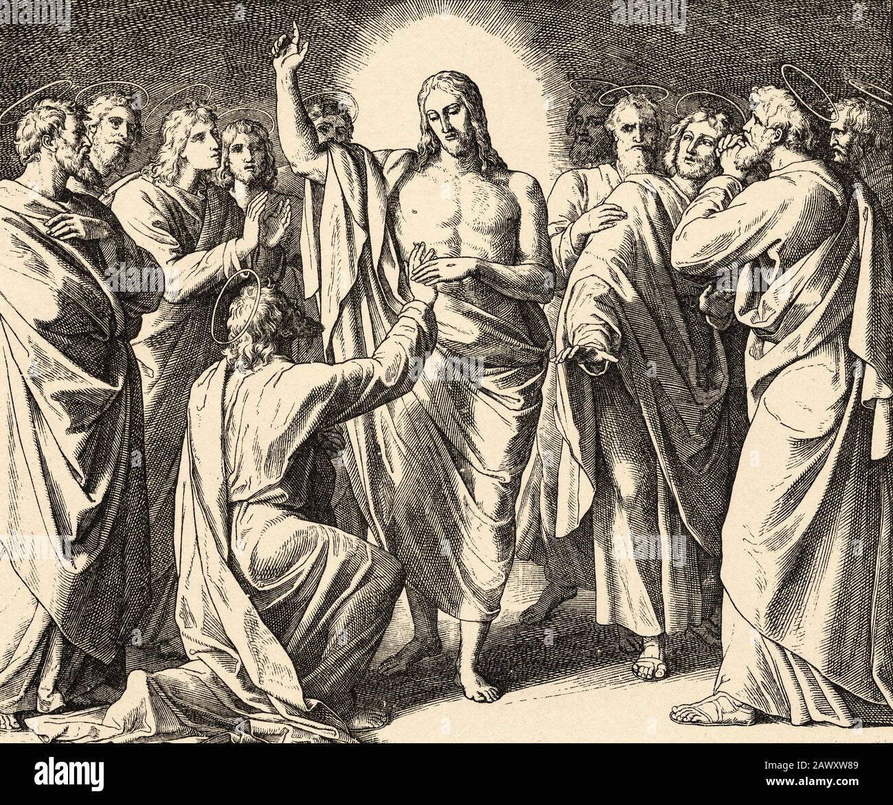 Jésus apparaît aux apôtres. Notre Seigneur Jésus le fils de Dieu dit à Thomas met votre main dans mon côté. John Book, l'histoire biblique sacrée du Nouveau Testament Banque D'Images