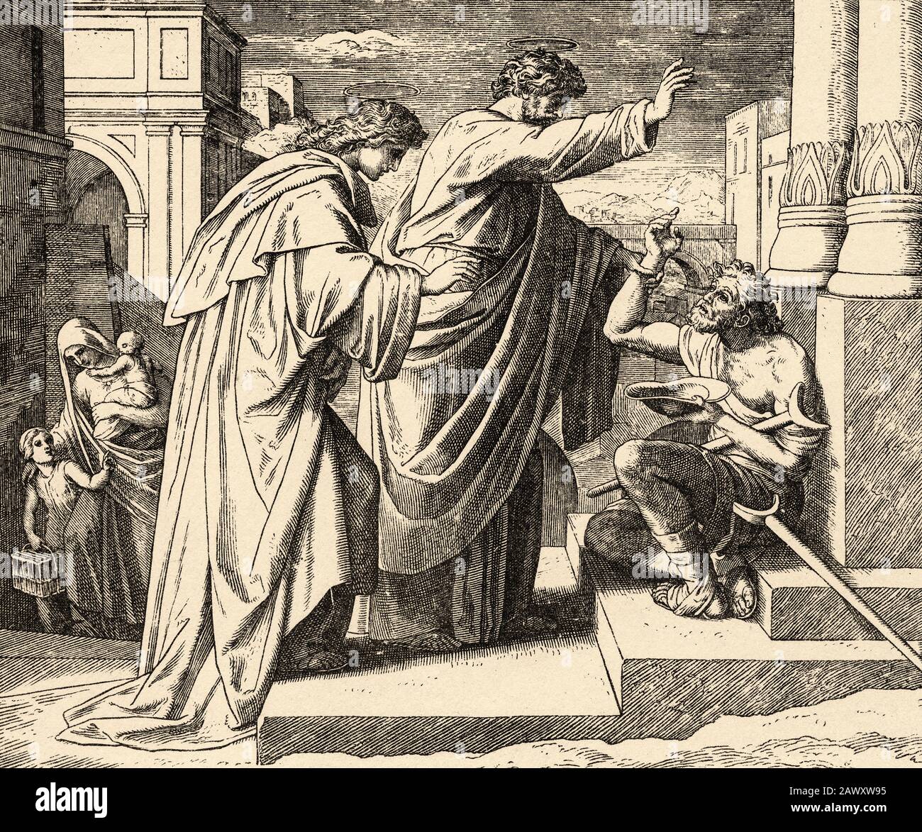La guérison de l'homme boiteux. Pierre l'Apôtre au nom de notre Seigneur Jésus fils de Dieu guérit un nom de naissance. Actes du livre des Apôtres, Banque D'Images